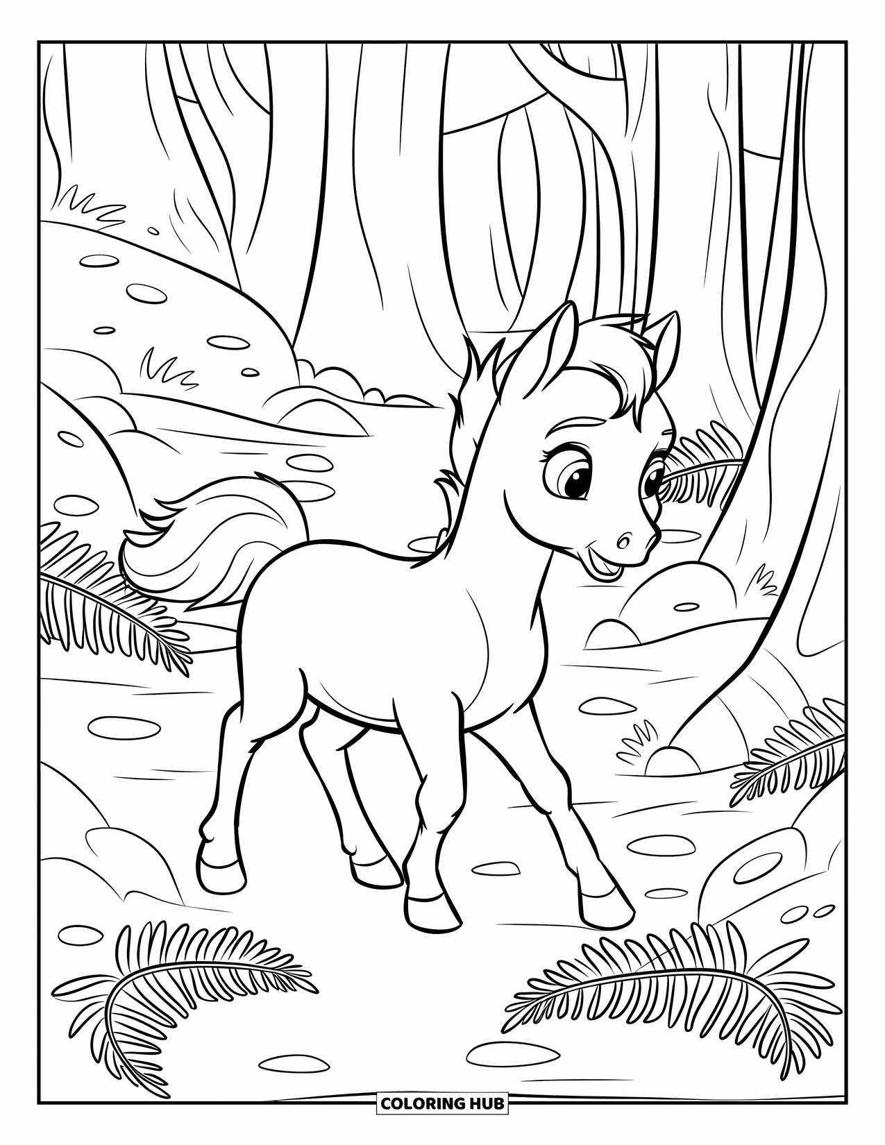 Baby Horse Coloring Page for Kids: A foal with a white mane explores a forest path filled with ferns and trees