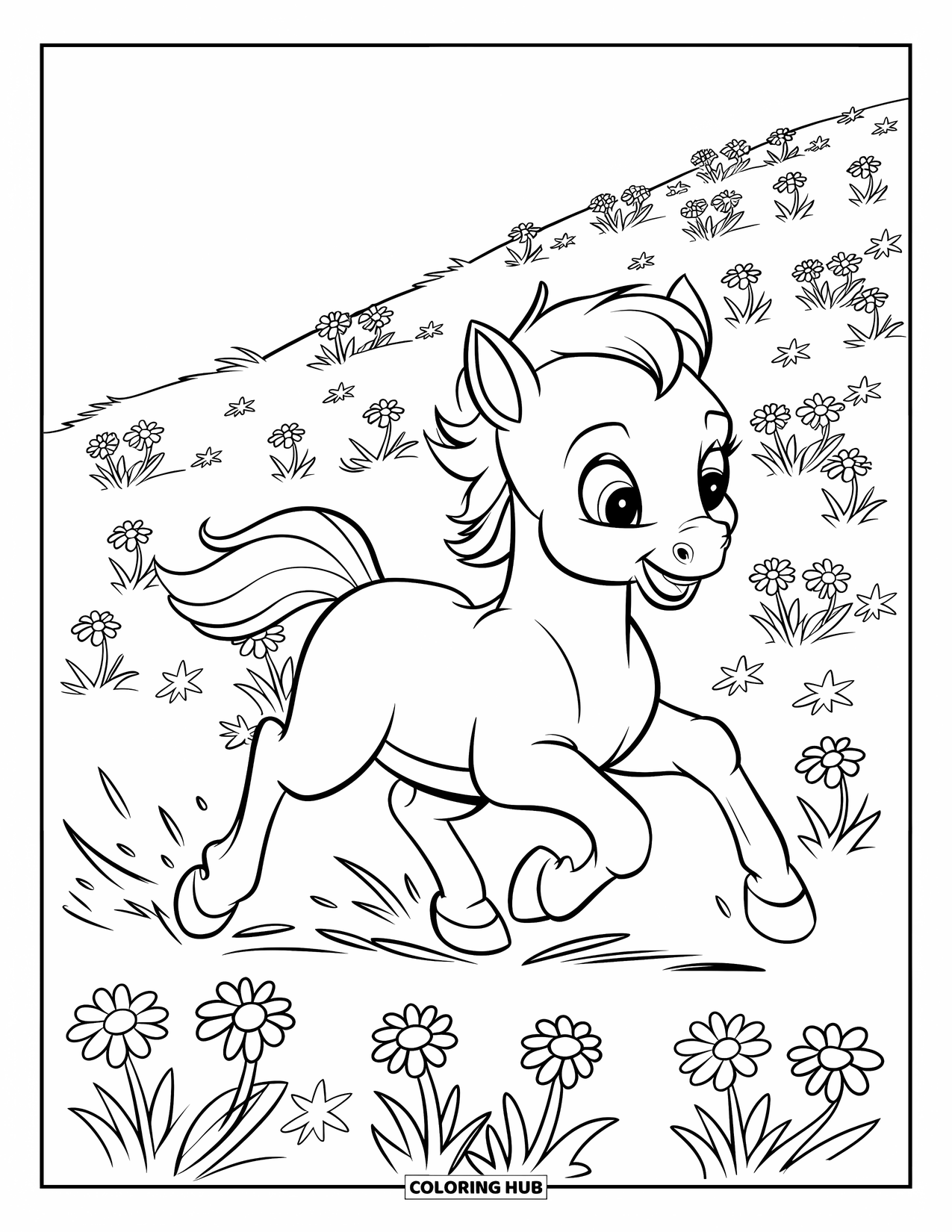 Baby Horse Coloring Page for Kids: A foal with stretched legs gallops through a hillside filled with wildflowers