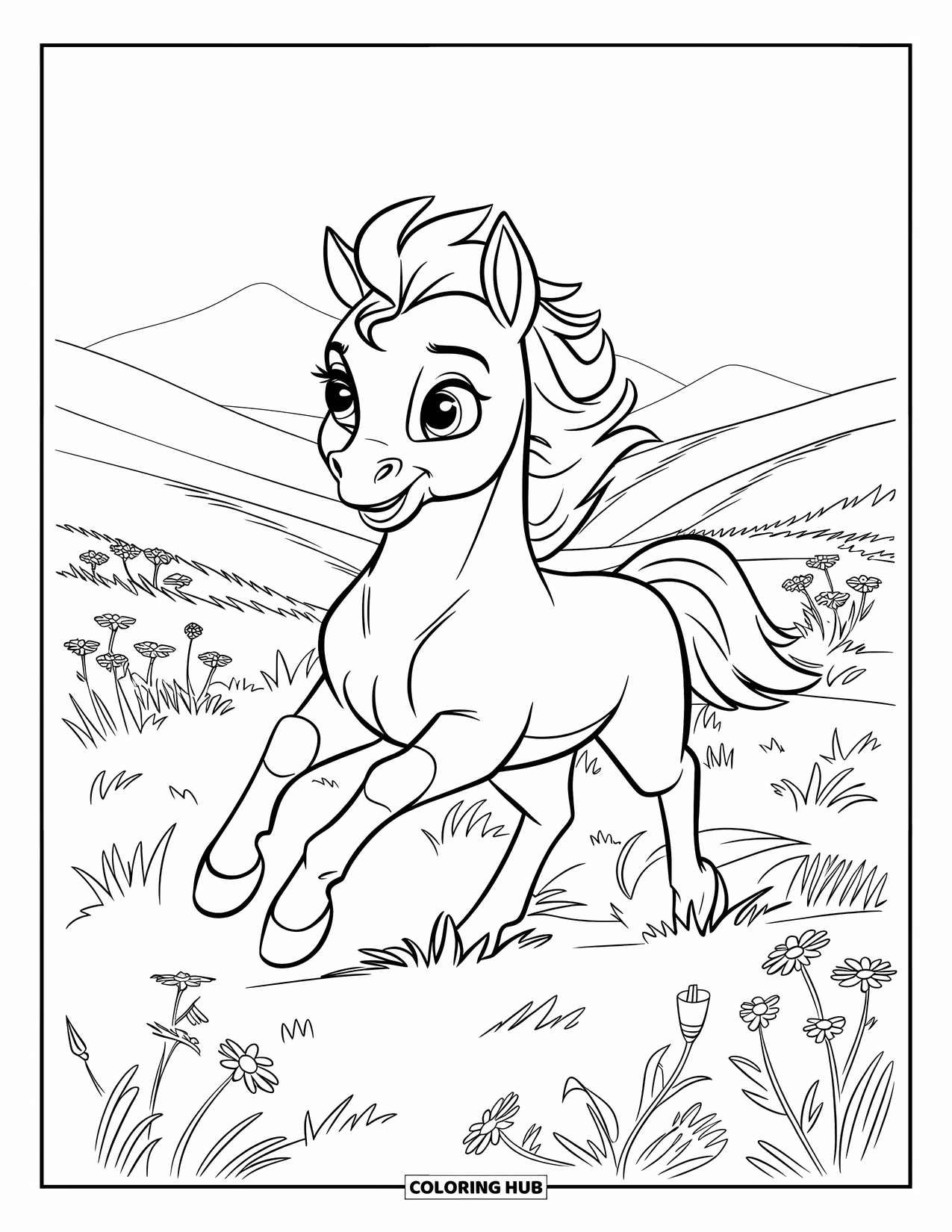 Baby Horse Coloring Page for Kids: A galloping foal with a flowing mane dashes through flower-covered hills