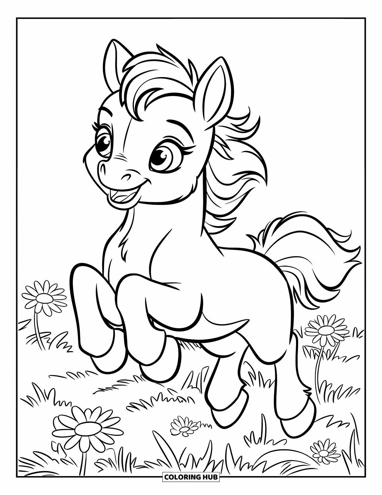 Baby Horse Coloring Page for Kids: A playful foal jumps through a field full of happy daisies