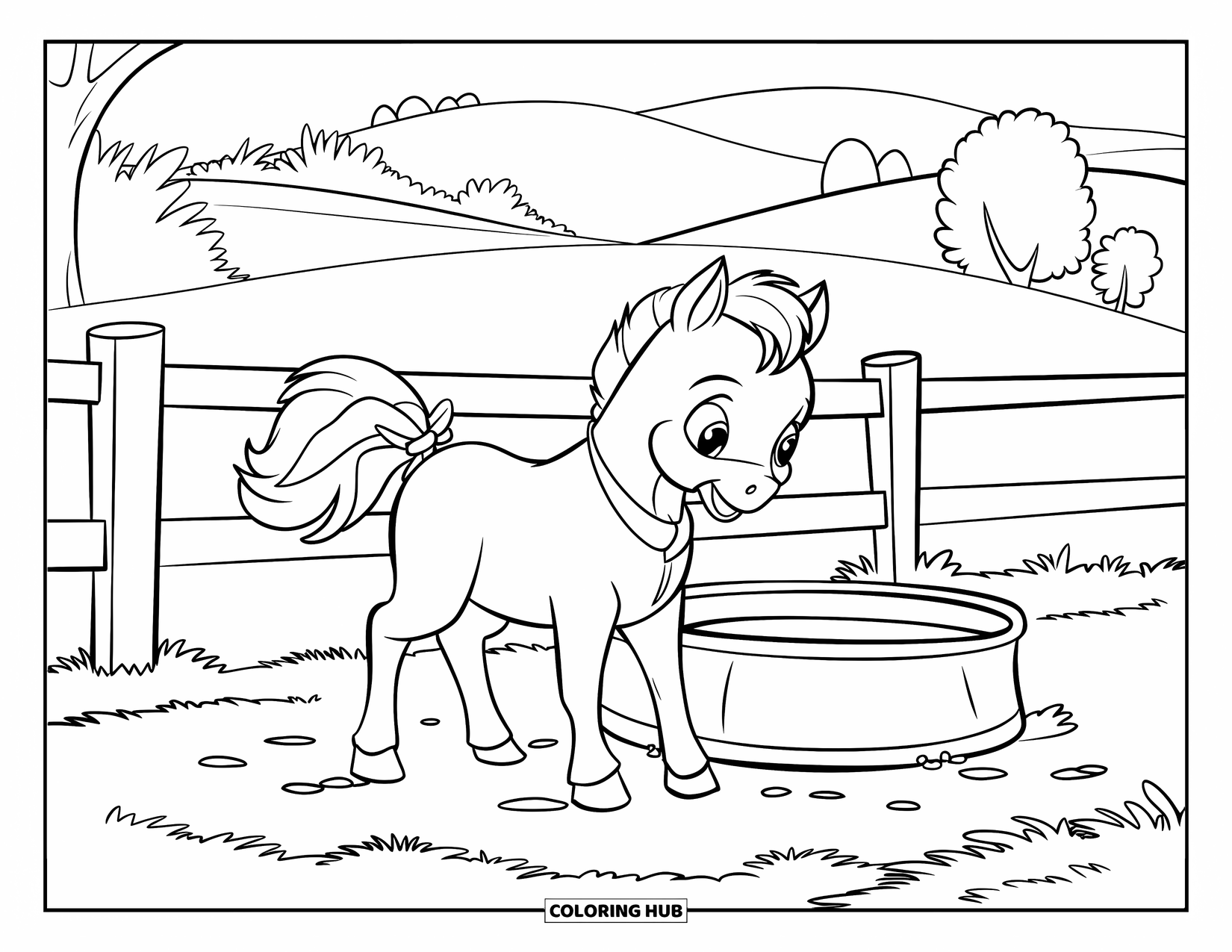 Baby Horse Coloring Page for Kids: A playful foal with a collar stands by a trough near a fenced meadow