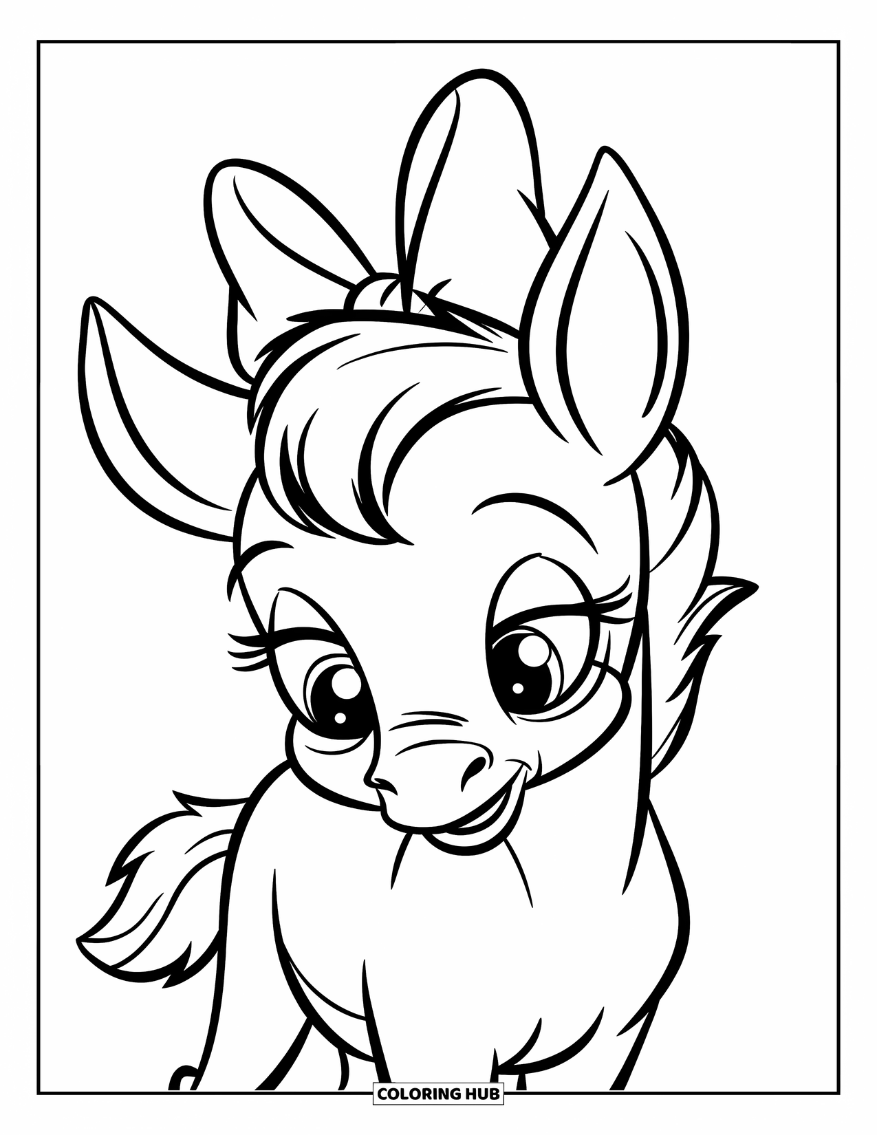 Baby Horse Coloring Page for Kids: A shy foal with a bow on its head stands quietly on a white background