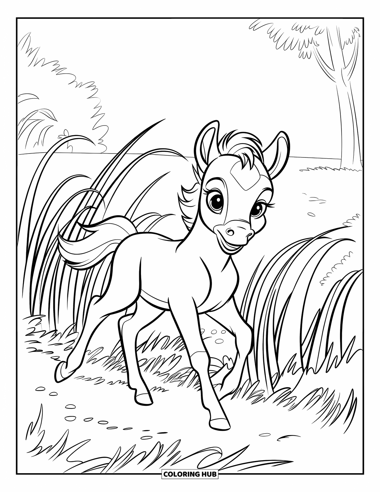 Baby Horse Coloring Page for Kids: A smiling foal walks in tall grass under a bright sky and a few trees