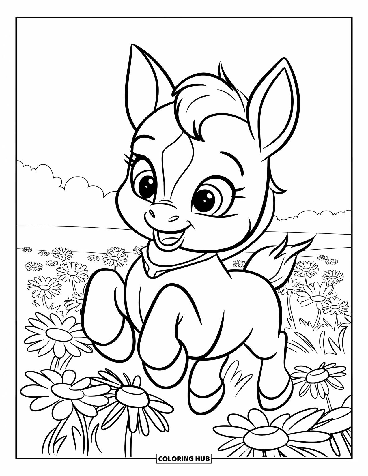 Baby Horse Coloring Page for Kids: A wide-eyed foal in a collar jumps through a blooming daisy field