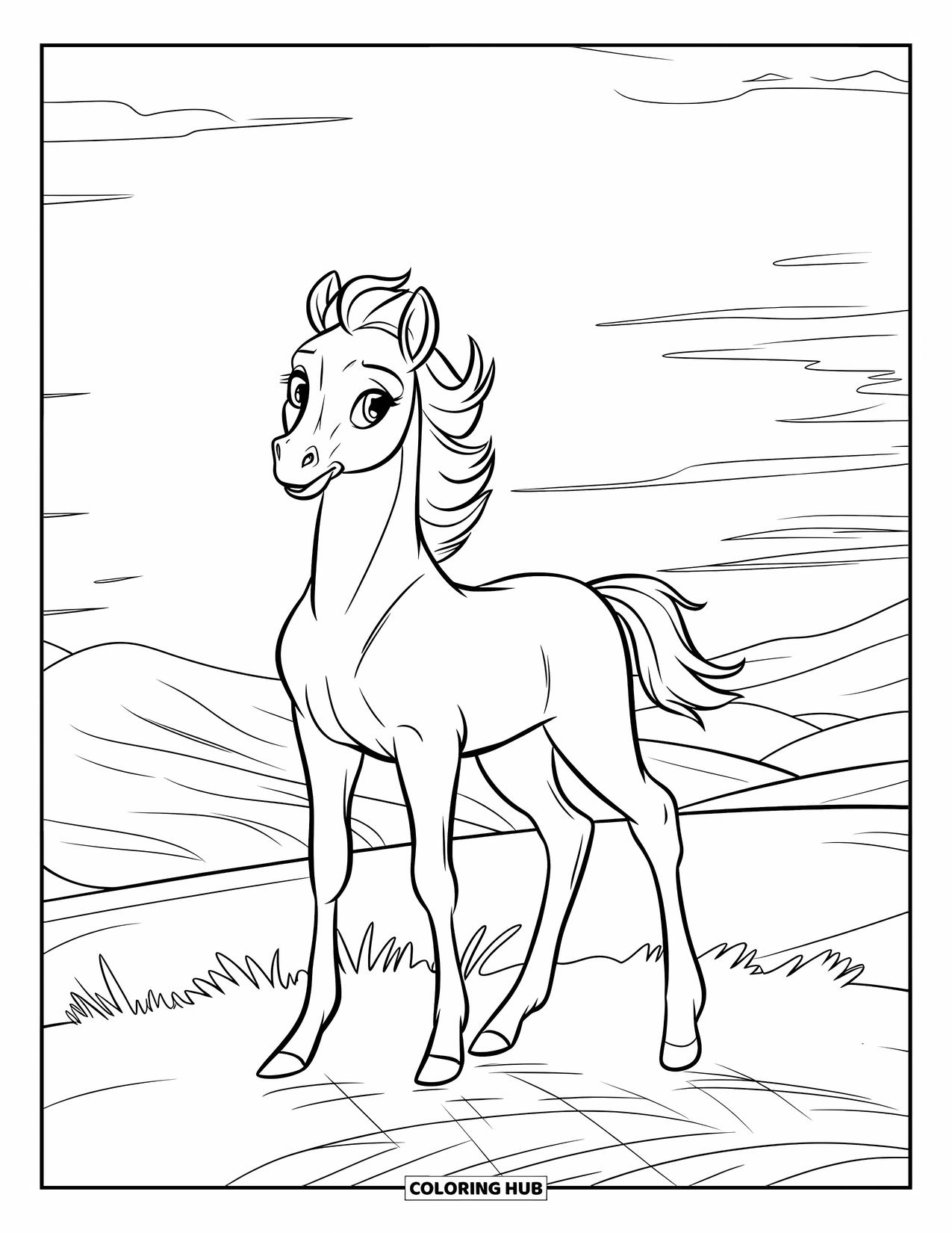 Baby Horse Coloring Page for Kids: A young horse stands proudly on a sunny hilltop with wind in its mane