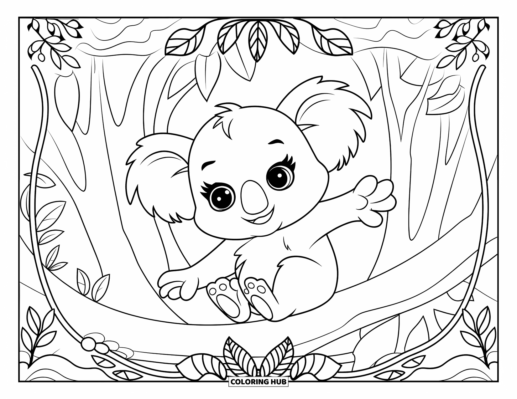 Baby Koala Coloring Page for Adults: A baby koala explores from a branch in a forest of patterned leaves and vines