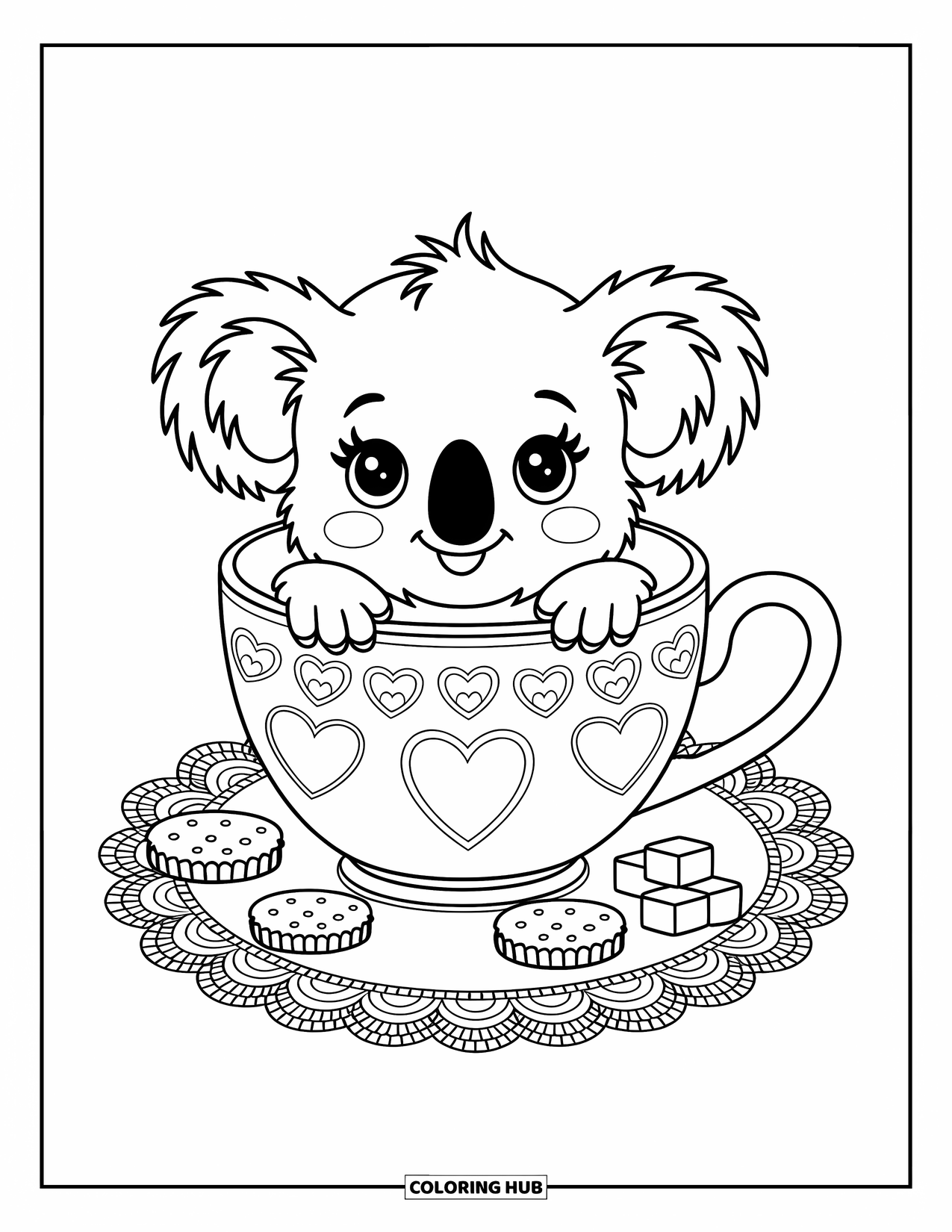 Baby Koala Coloring Page for Adults: A baby koala peeks over a teacup rim, surrounded by treats and cozy patterns