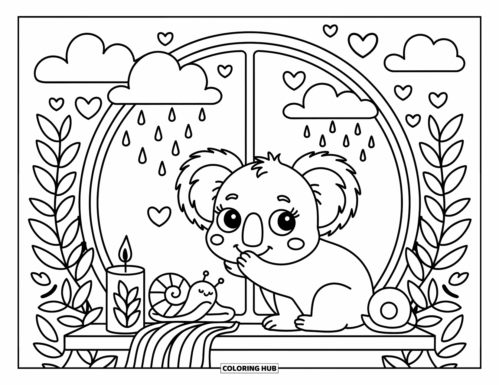 Baby Koala Coloring Page for Adults: A baby koala presses its paws to a window, watching rain with a snail and candle nearby
