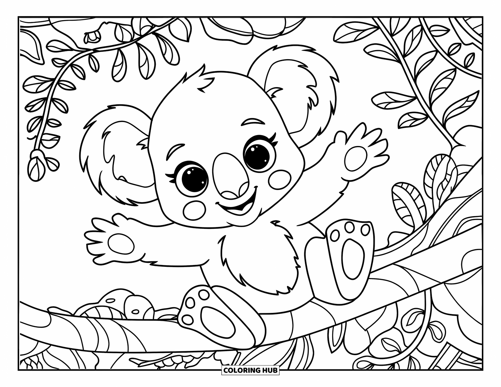 Baby Koala Coloring Page for Adults: A baby koala sits on a branch surrounded by leafy, detailed botanical patterns