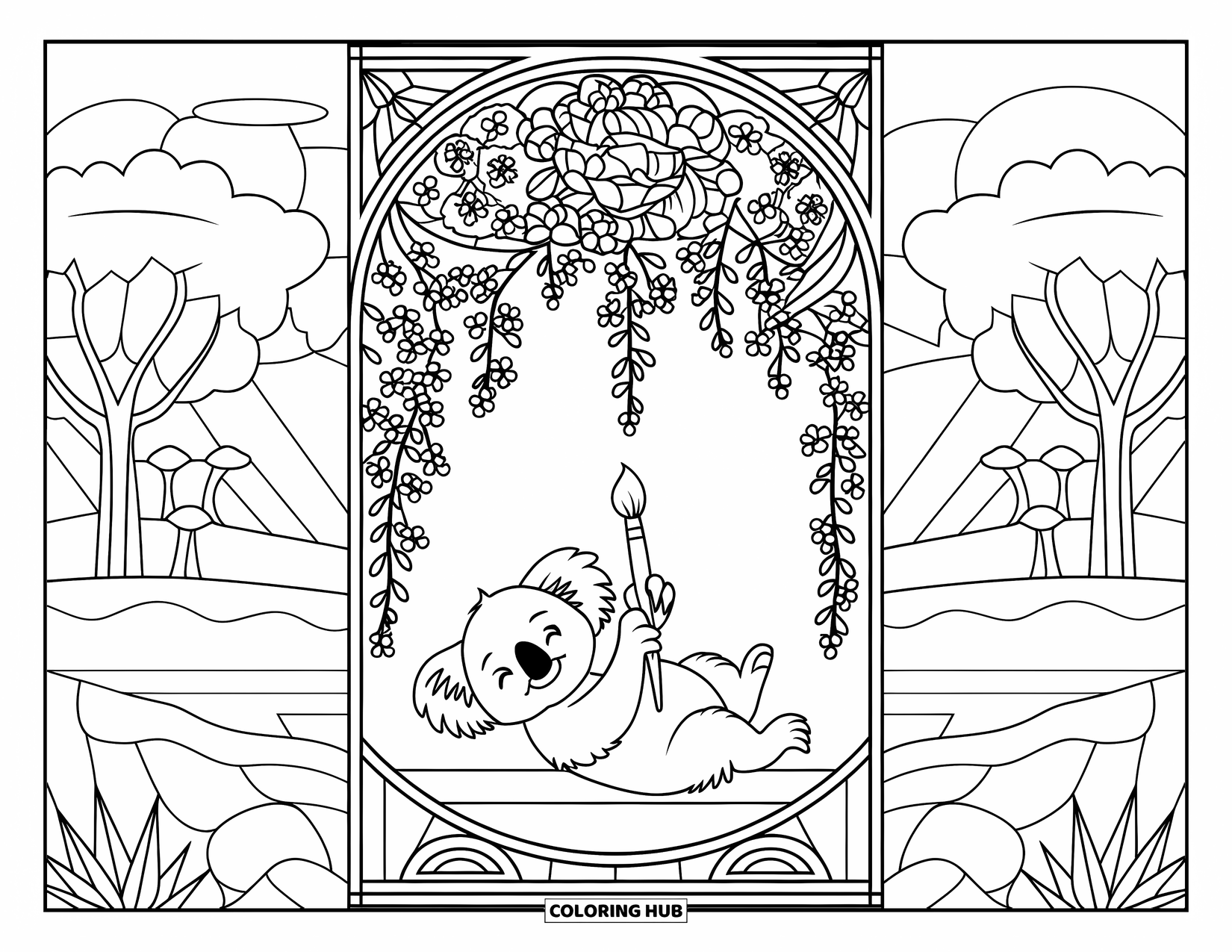 Baby Koala Coloring Page for Adults: A baby koala with a paintbrush lies beneath floral arches in a peaceful scene