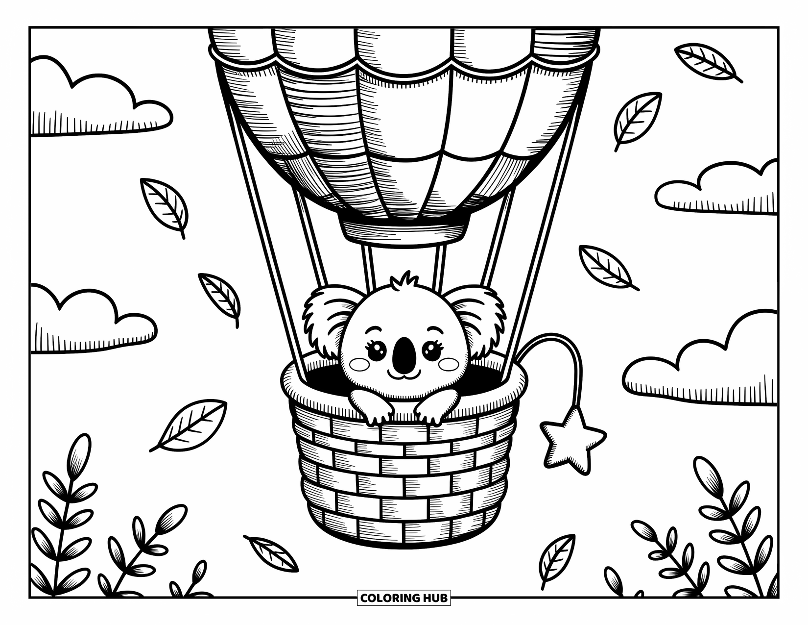 Baby Koala Coloring Page for Adults: A cozy balloon carries a baby koala through a dreamy sky filled with clouds and leaves