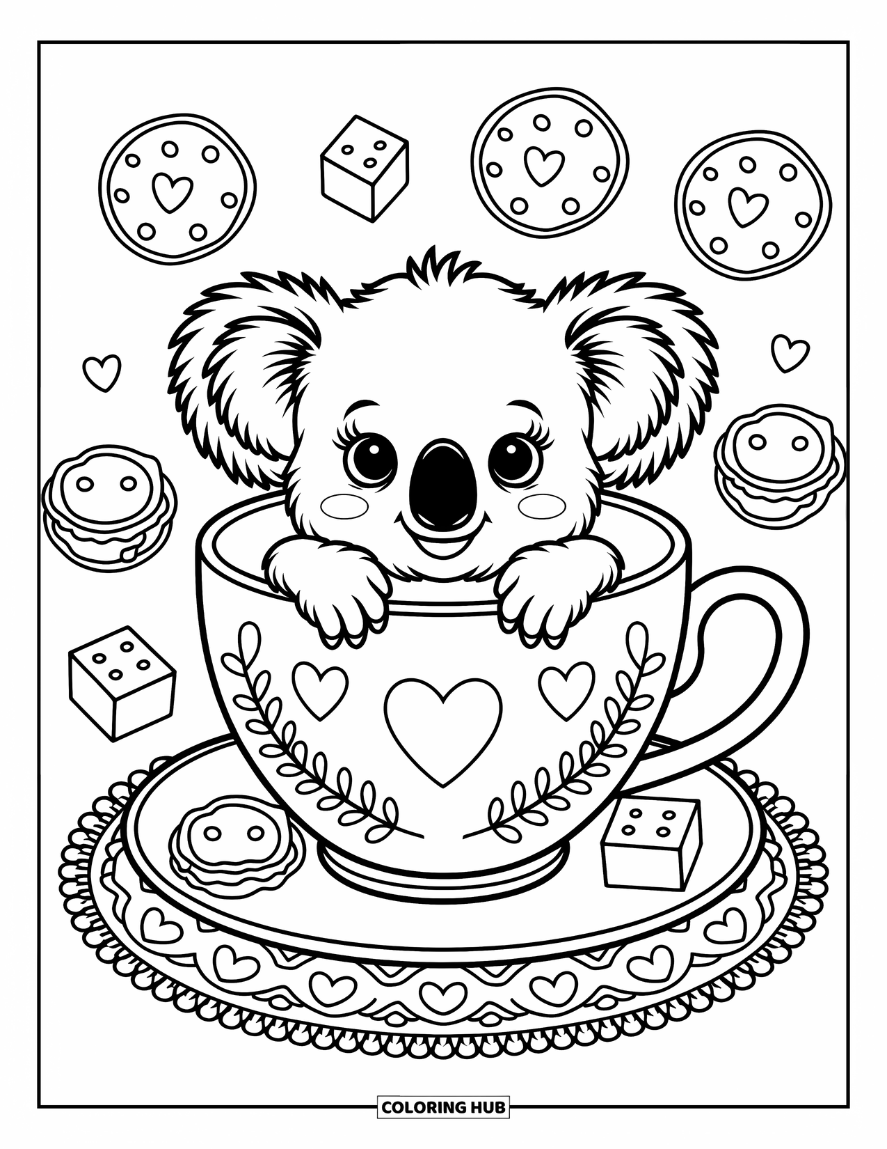 Baby Koala Coloring Page for Adults: A curious koala peeks from a teacup decorated with hearts and eucalyptus, with sweets nearby
