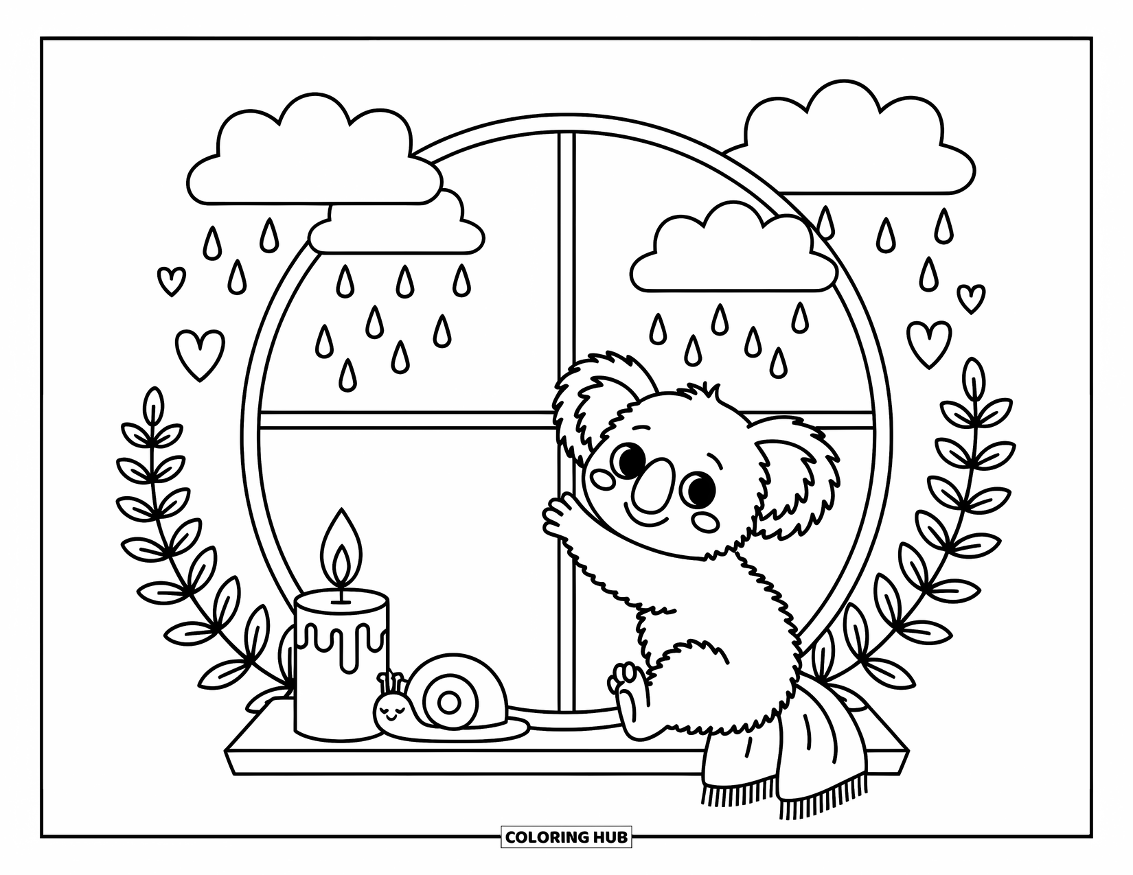Baby Koala Coloring Page for Adults: A curious koala watches the rain through a round window, surrounded by cozy little items