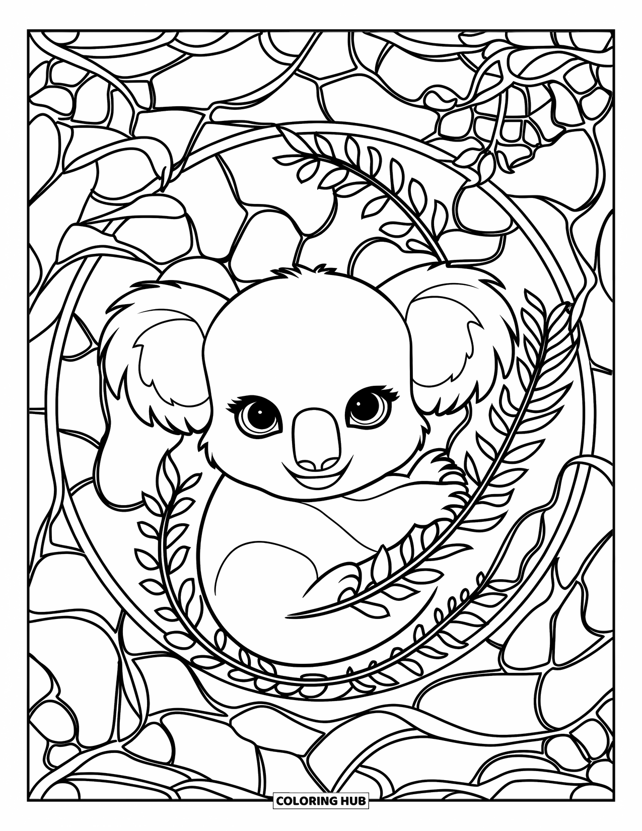 Baby Koala Coloring Page for Adults: A koala cuddles inside a curled fern with swirling stained glass vines around it