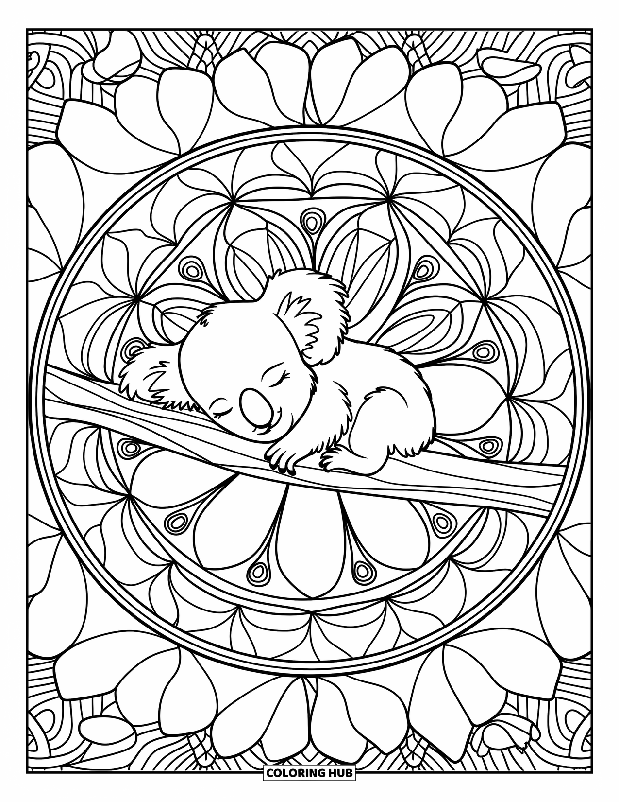 Baby Koala Coloring Page for Adults: A koala dozes at the center of a full-page eucalyptus mandala pattern