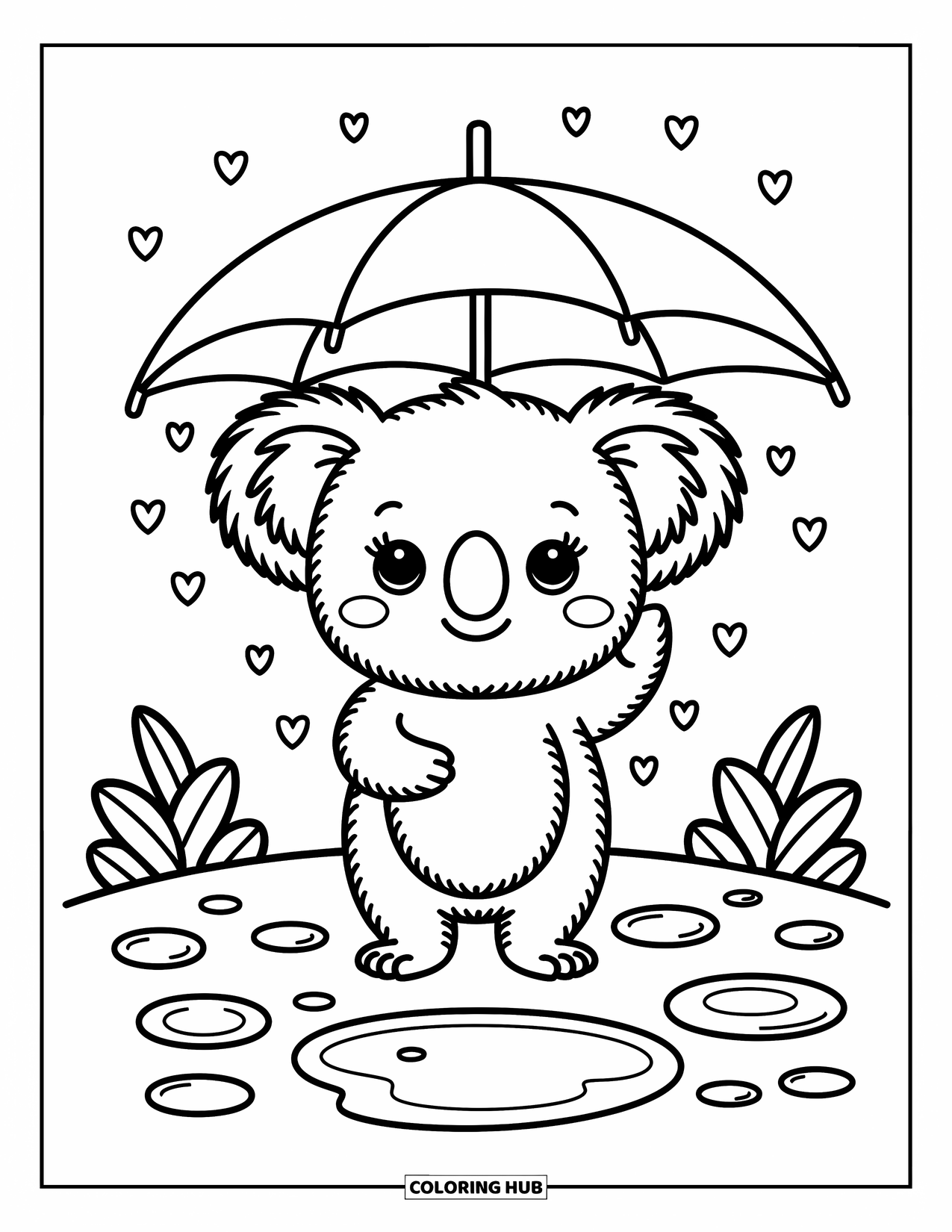 Baby Koala Coloring Page for Adults: A koala holds a big eucalyptus leaf umbrella while heart-shaped raindrops fall around it