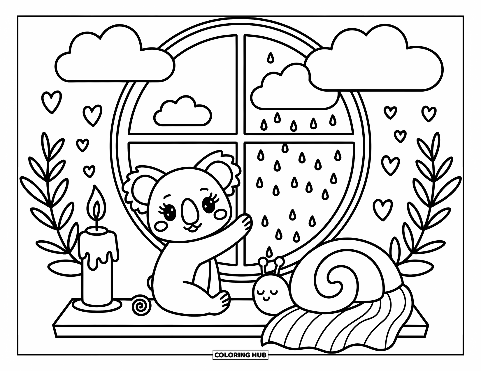 Baby Koala Coloring Page for Adults: A koala looks out a big window at rain, beside a candle, blanket, and snail