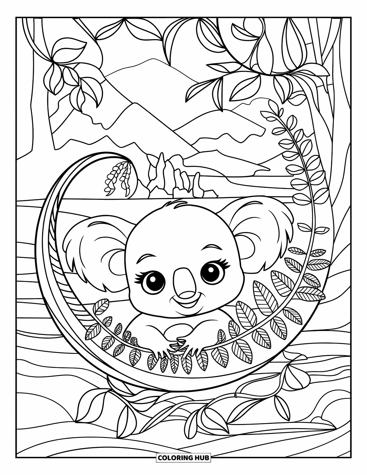 Baby Koala Coloring Page for Adults: A koala nestles in a curled fern among leafy stained glass vines and trees