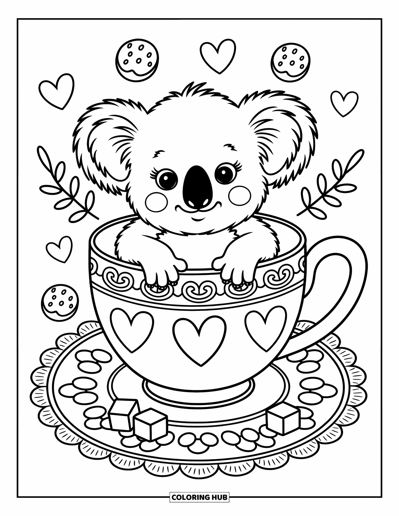 Baby Koala Coloring Page for Adults: A koala pops out of a teacup, with tiny sweets and a doily around it