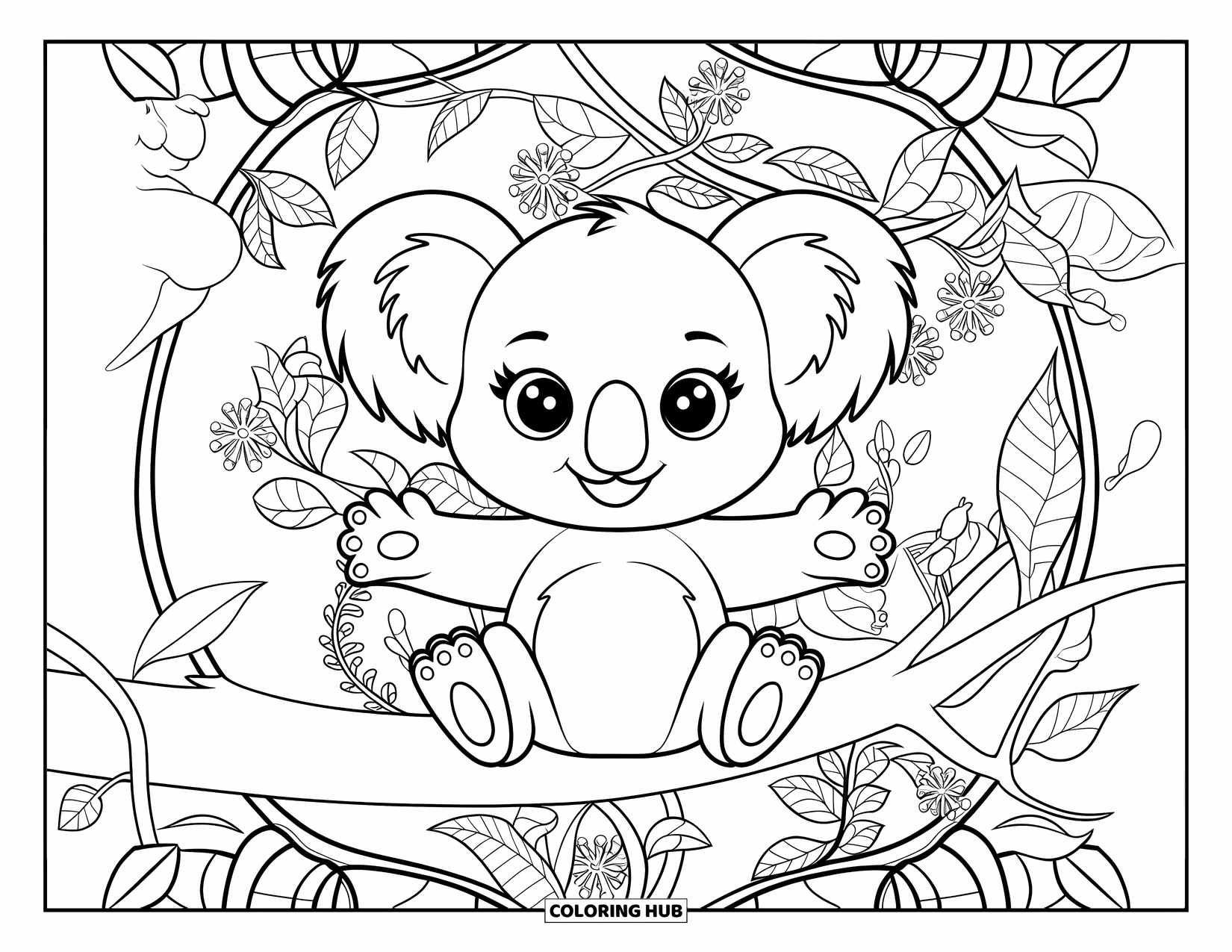Baby Koala Coloring Page for Adults: A koala reaches out from a branch framed by intricate leaves and flowers