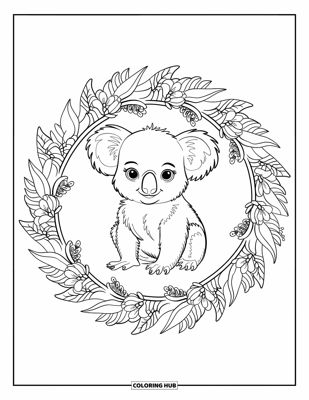 Baby Koala Coloring Page for Adults: A koala sits in a gum leaf mandala with floral designs all around