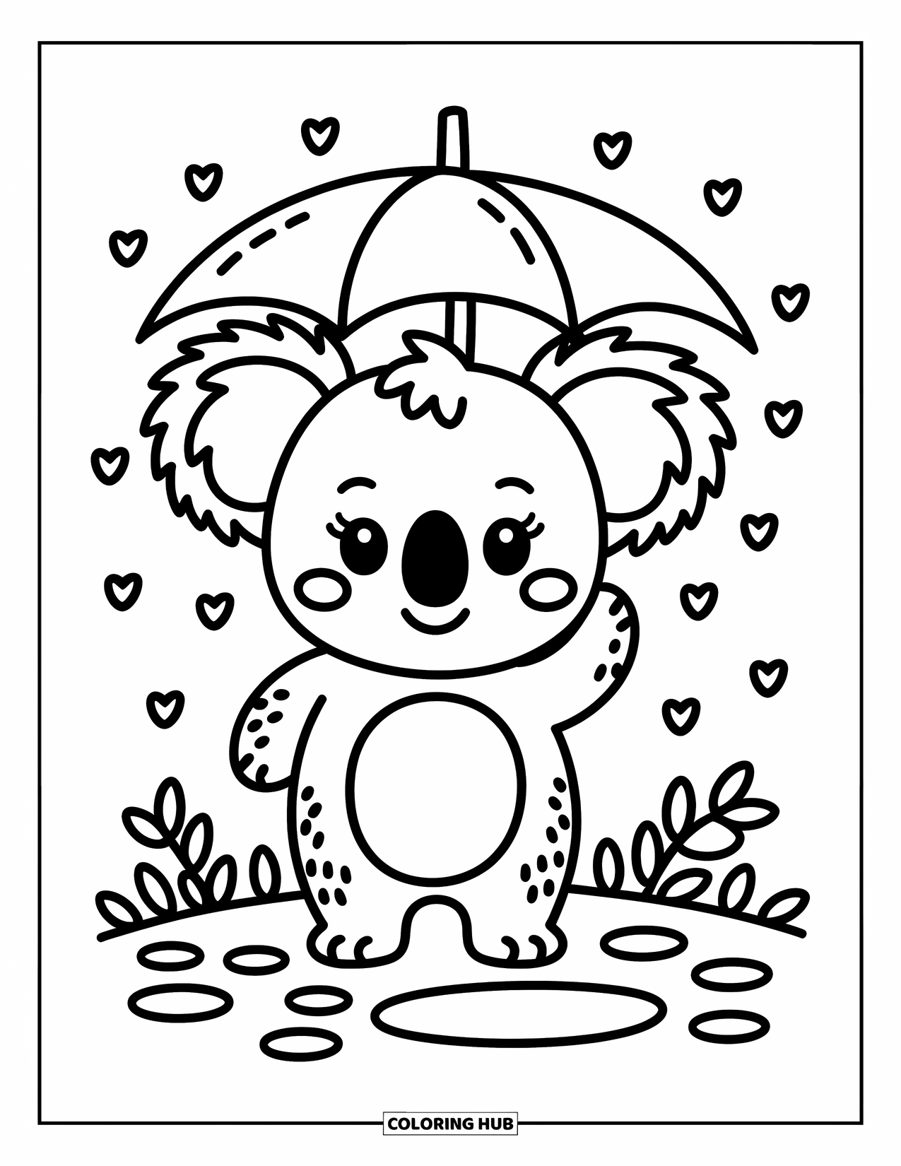 Baby Koala Coloring Page for Adults: A koala stands under a eucalyptus leaf umbrella with hearts falling near a tiny puddle