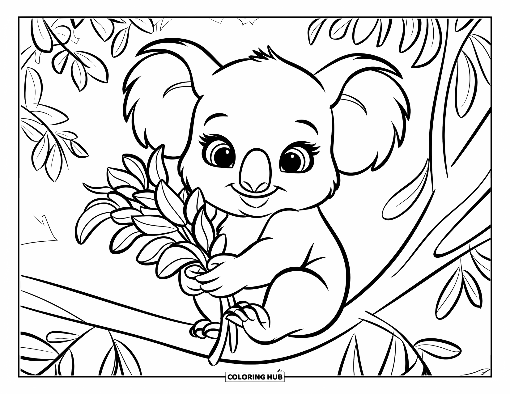 Baby Koala Coloring Page for Kids: A baby koala clutches eucalyptus leaves on a tree branch