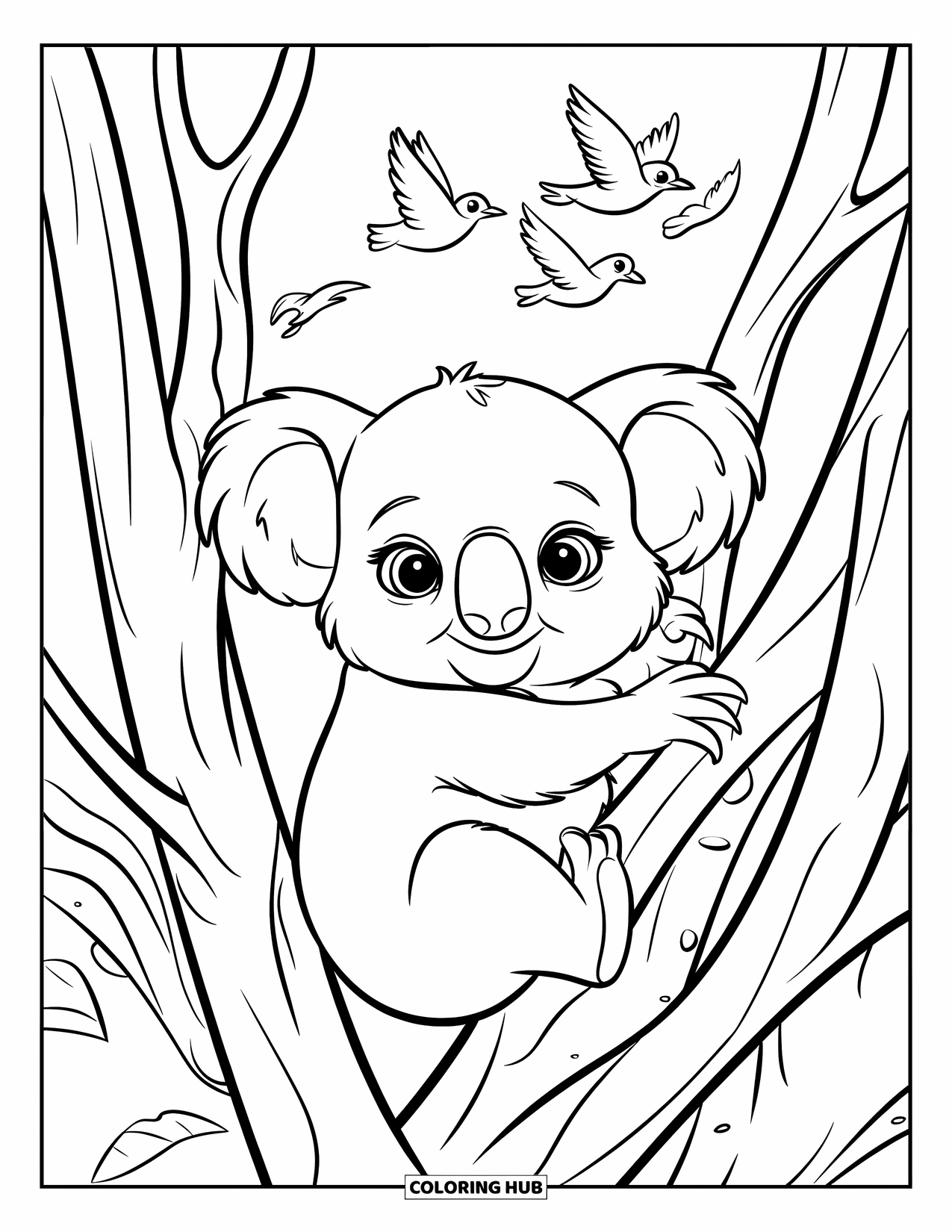 Baby Koala Coloring Page for Kids: A baby koala curls between thick branches as birds fly above