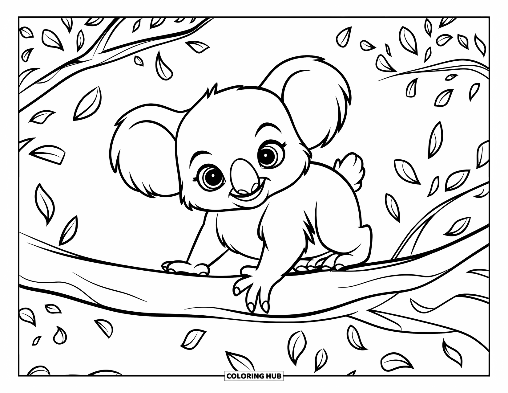 Baby Koala Coloring Page for Kids: A baby koala holds a branch tightly as leaves swirl around