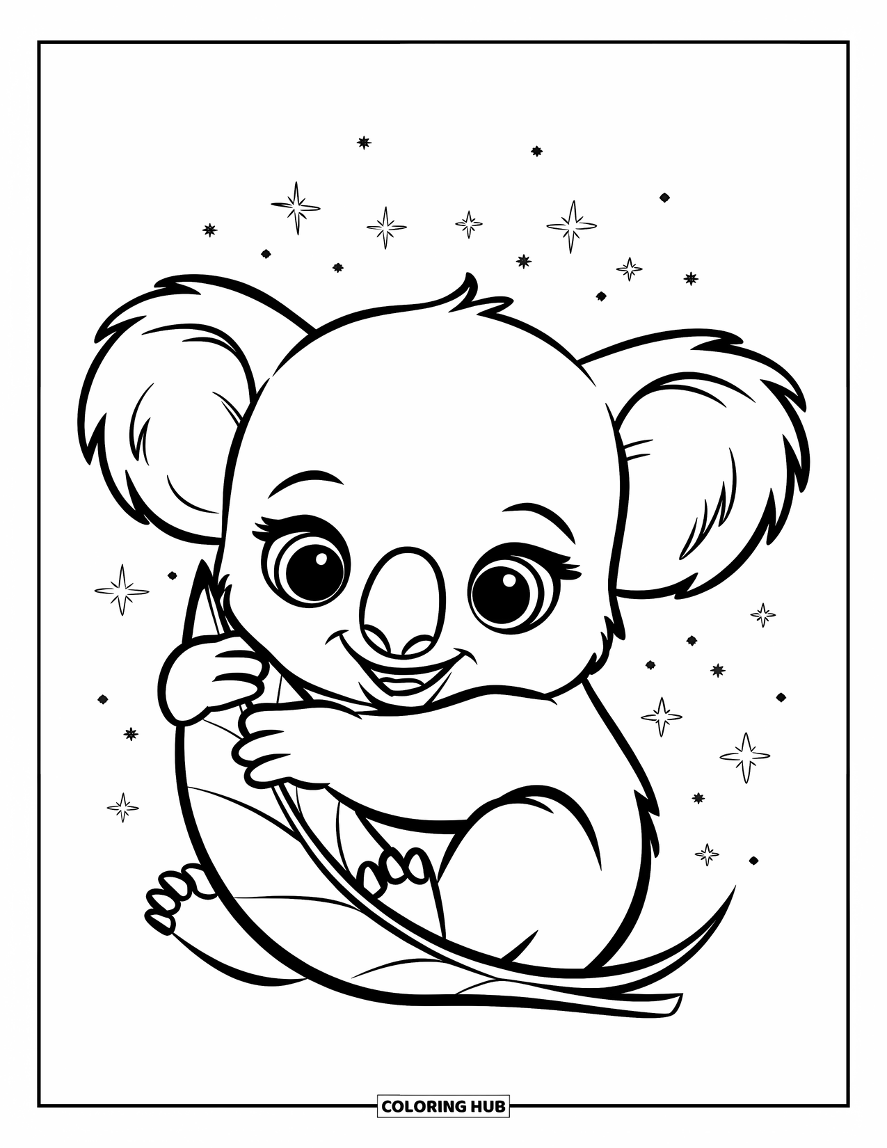 Baby Koala Coloring Page for Kids: A baby koala hugs a big leaf under a sky full of stars