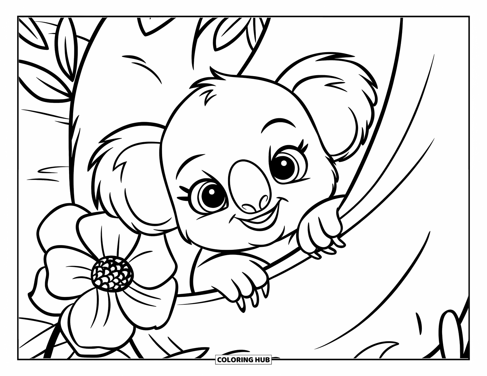 Baby Koala Coloring Page for Kids: A baby koala peeks from a pouch beside a flower and some leaves