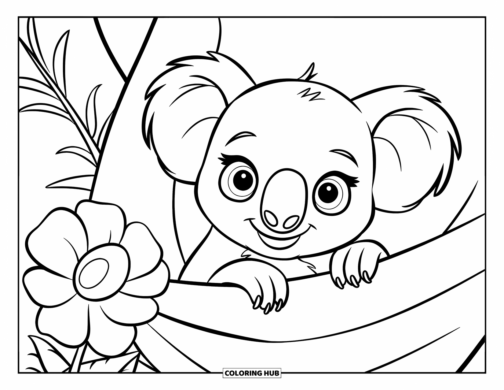 Baby Koala Coloring Page for Kids: A baby koala peeks from a pouch with a large flower and simple leafy setting