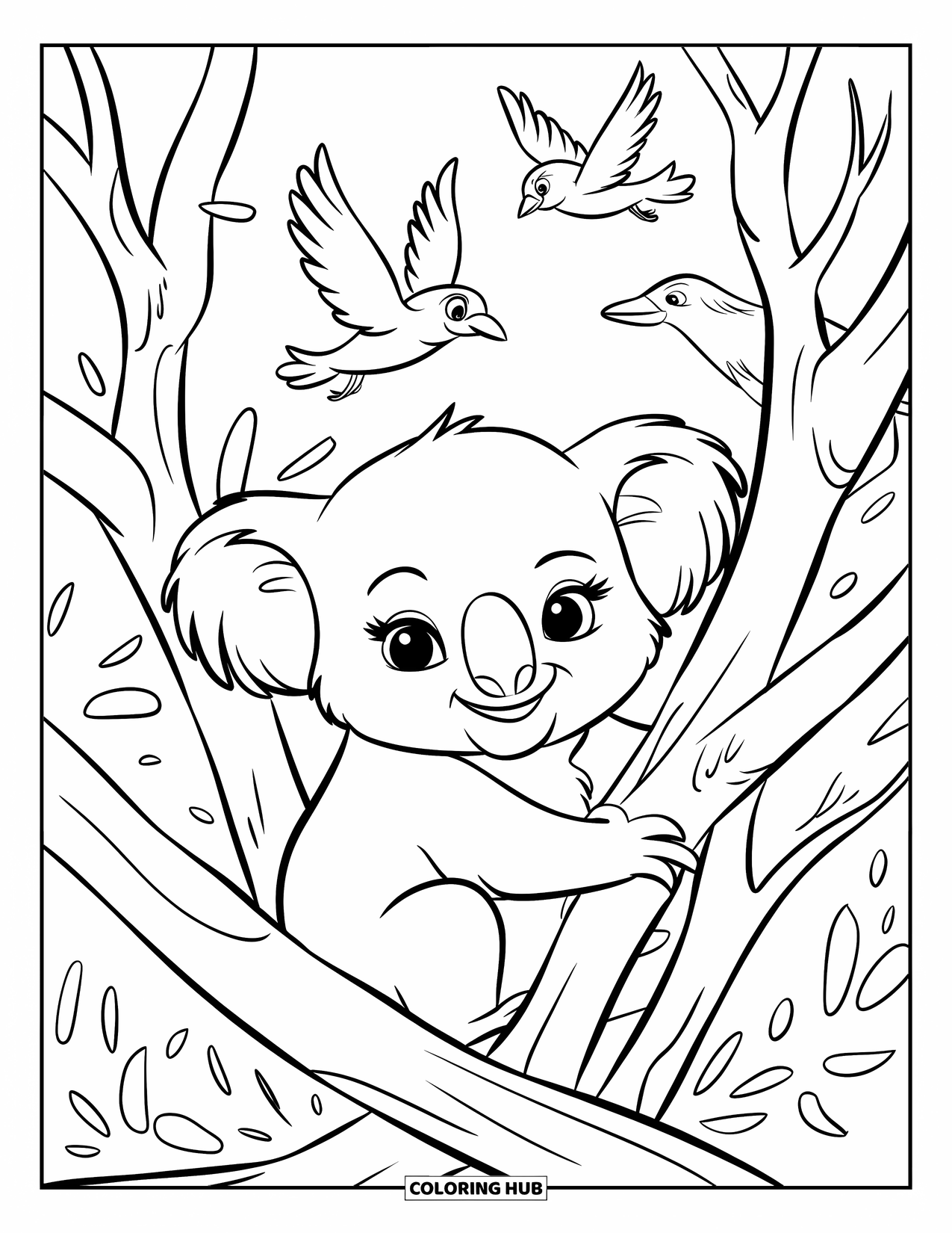 Baby Koala Coloring Page for Kids: A baby koala rests in leafy branches with birds in flight