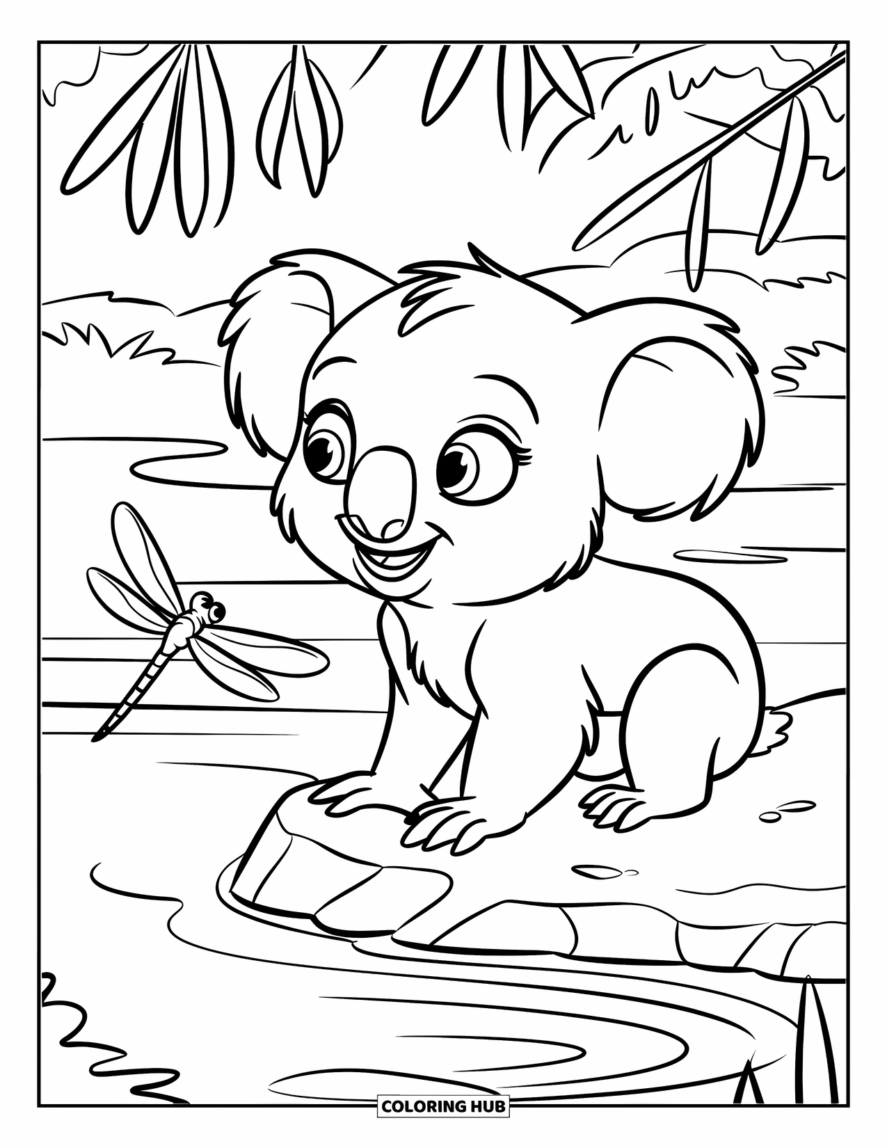 Baby Koala Coloring Page for Kids: A baby koala sits by a pond watching a dragonfly