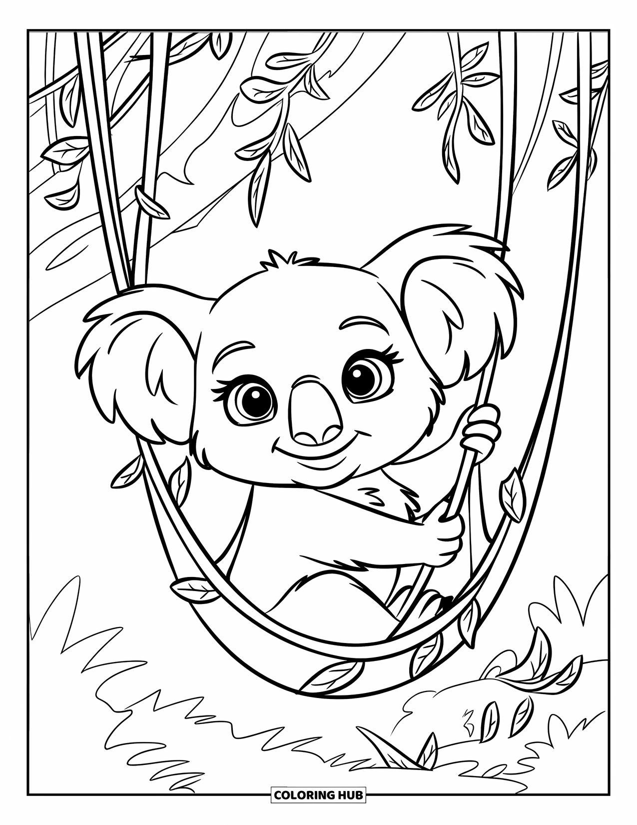 Baby Koala Coloring Page for Kids: A baby koala sits in a hammock of vines in a leafy forest