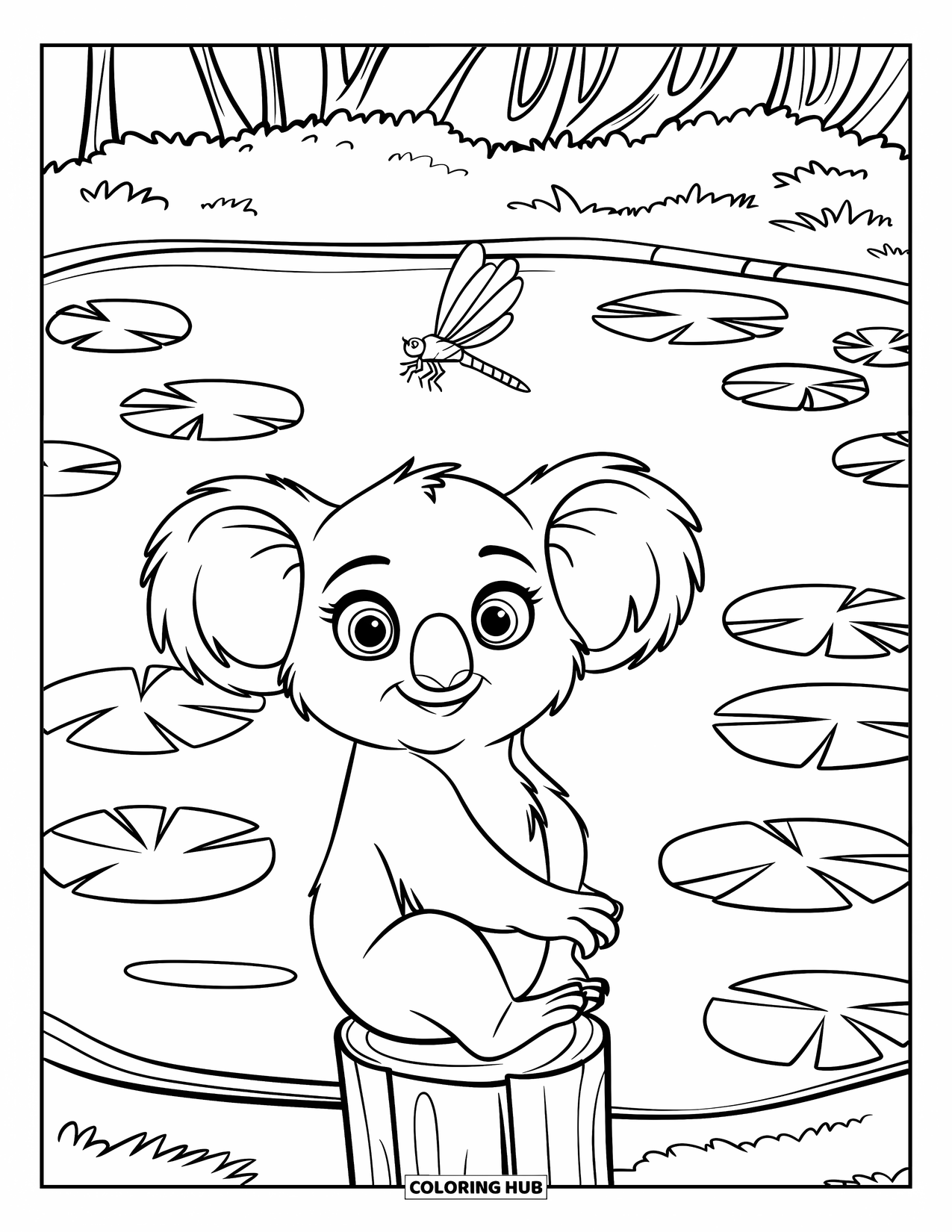 Baby Koala Coloring Page for Kids: A baby koala sits on a post beside lily pads and a dragonfly