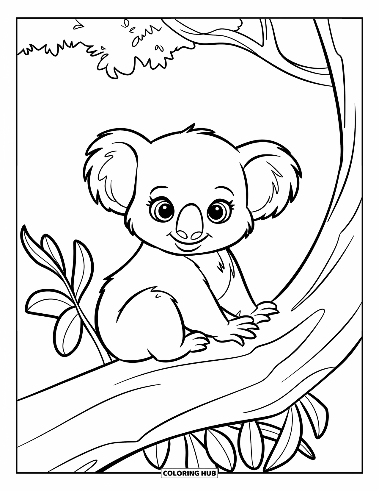 Baby Koala Coloring Page for Kids: A baby koala sits on a tree branch with a few eucalyptus leaves nearby