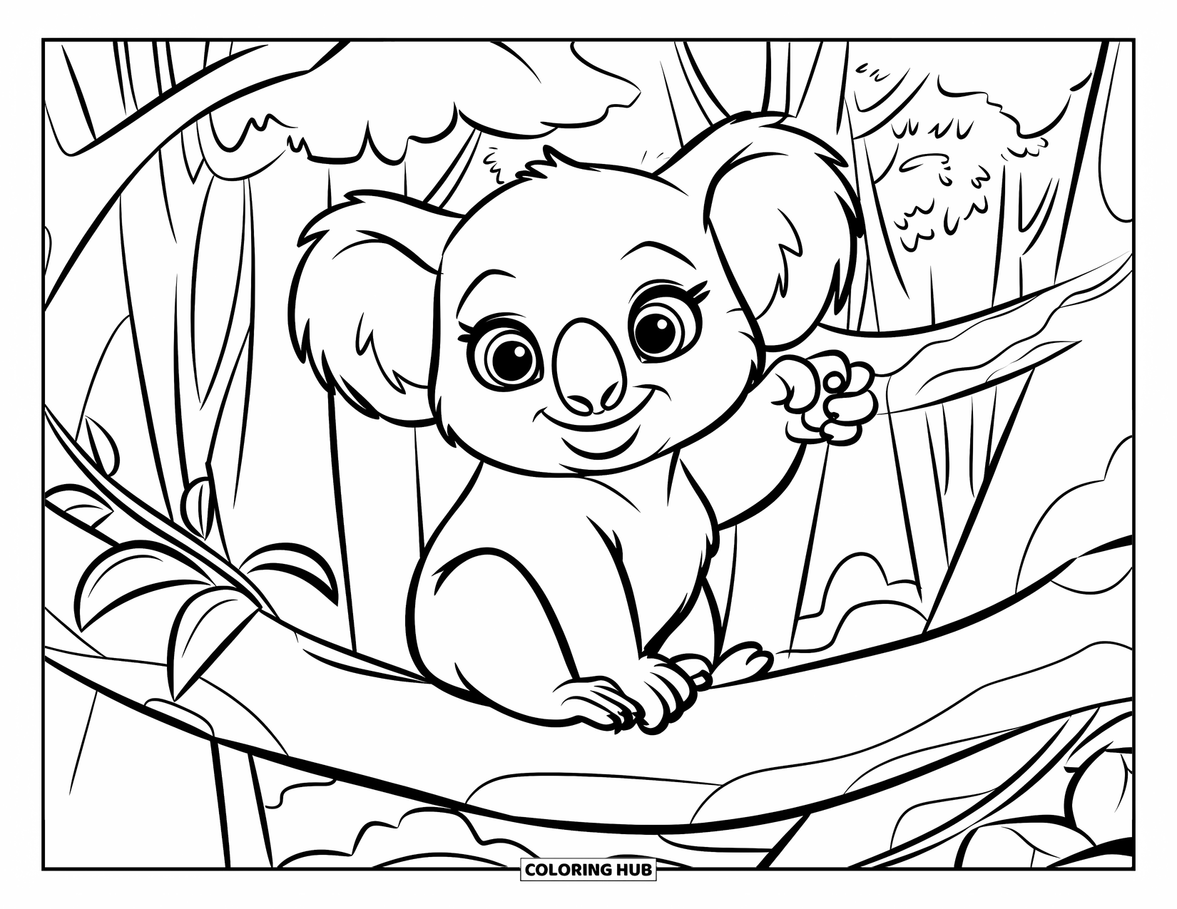 Baby Koala Coloring Page for Kids: A baby koala sits upright on a windy branch in a forest