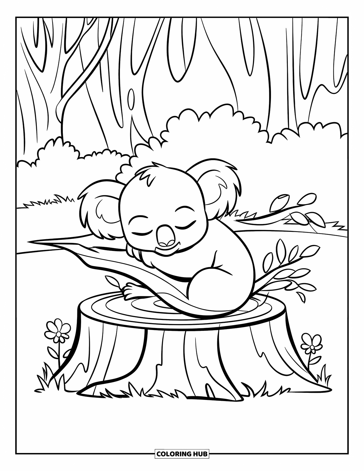 Baby Koala Coloring Page for Kids: A baby koala sleeps on a stump near flowers and forest bushes