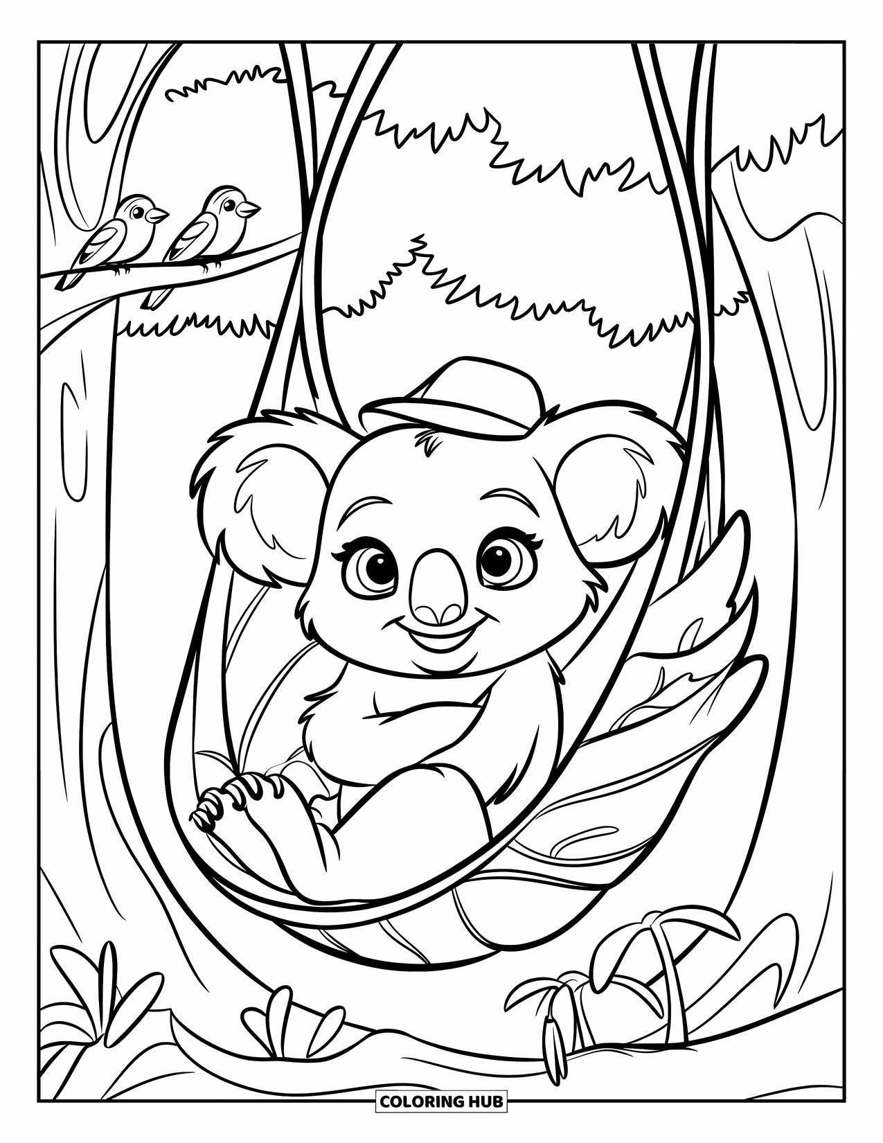 Baby Koala Coloring Page for Kids: A baby koala swings in a leaf hammock wearing a tiny hat