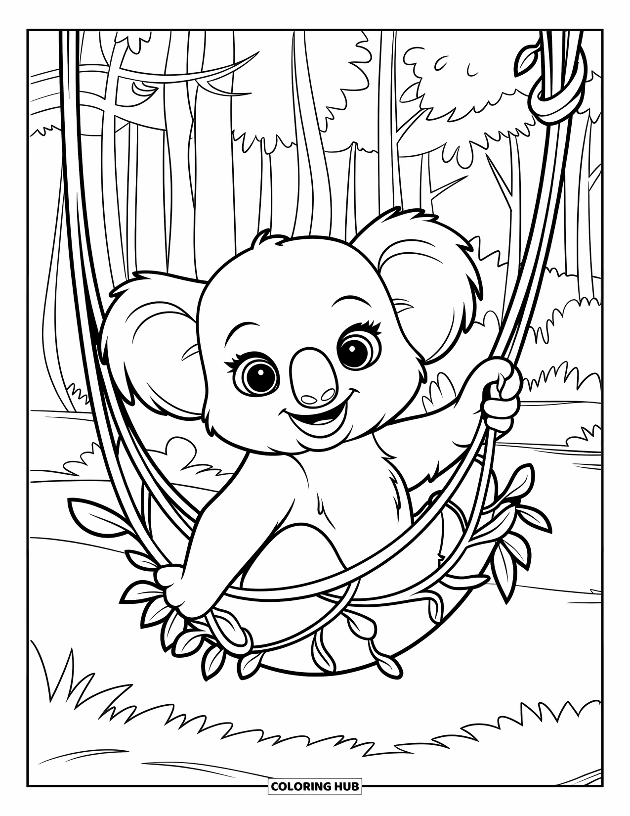 Baby Koala Coloring Page for Kids: A baby koala swings in a leafy hammock in the forest