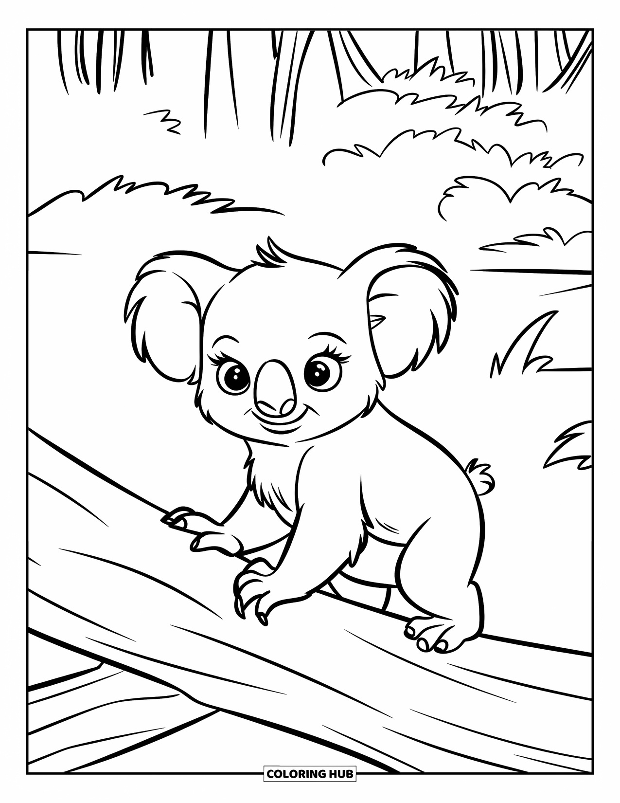 Baby Koala Coloring Page for Kids: A baby koala walks across a log in misty bushland