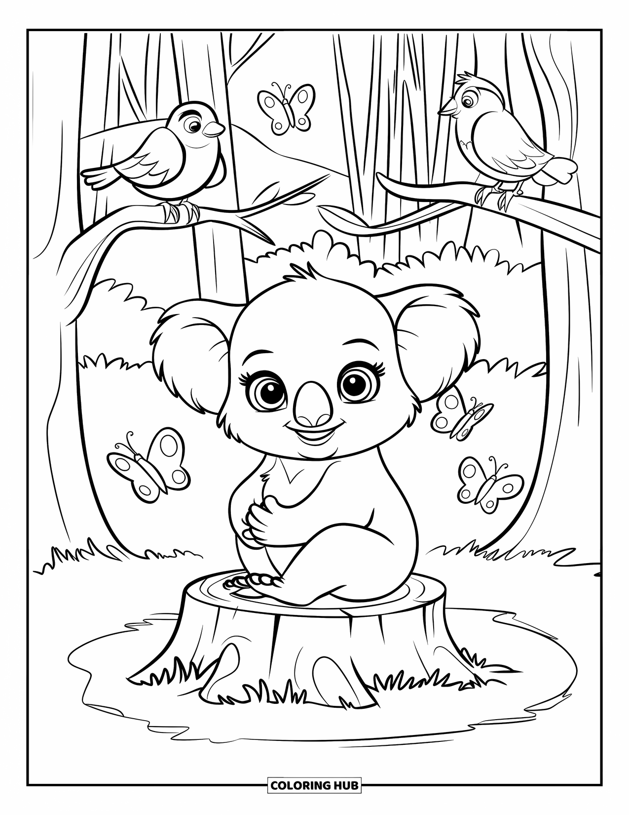 Baby Koala Coloring Page for Kids: A baby koala watches butterflies and birds from a tree stump