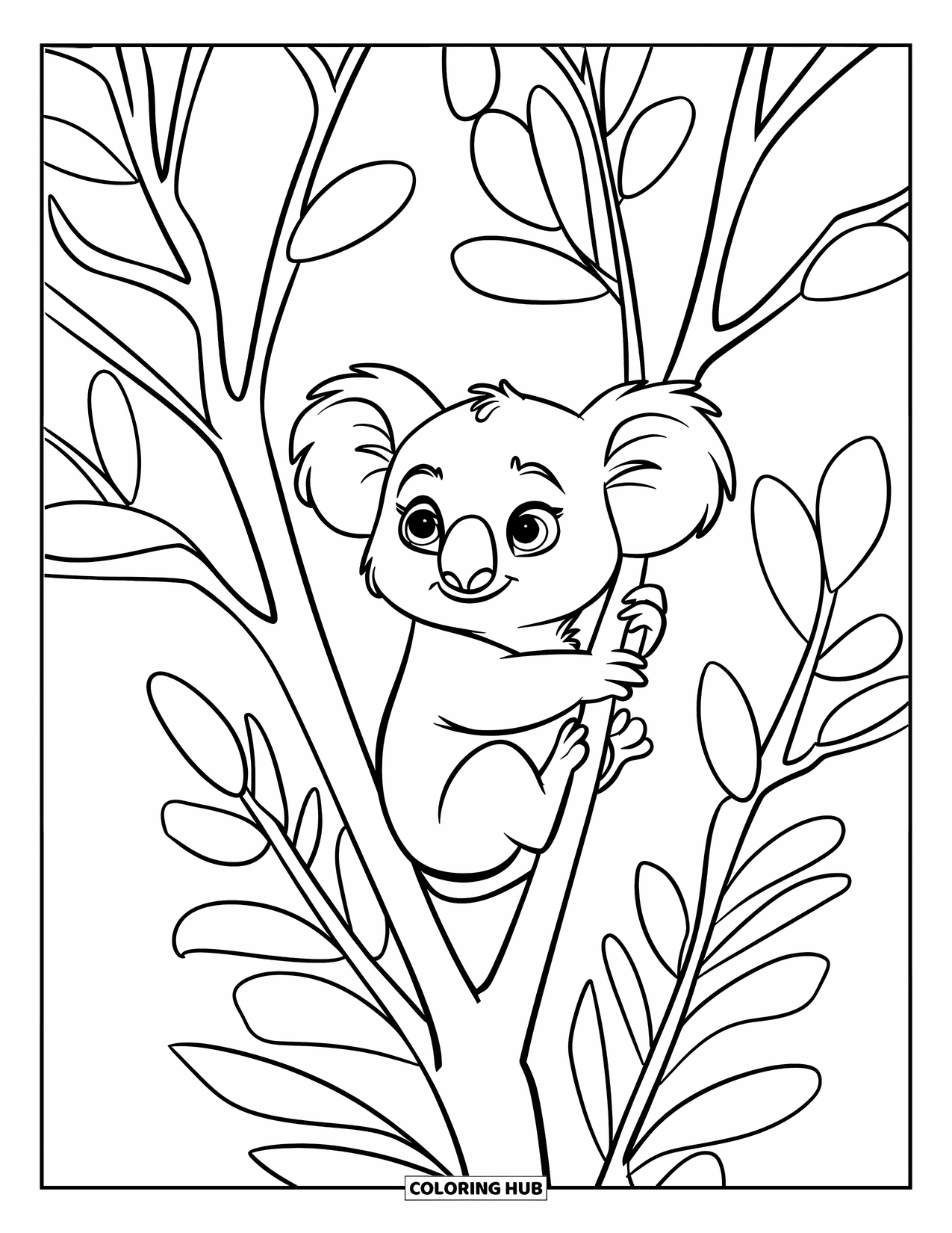 Baby Koala Coloring Page for Kids: A koala climbs a tree with big oval leaves on white background