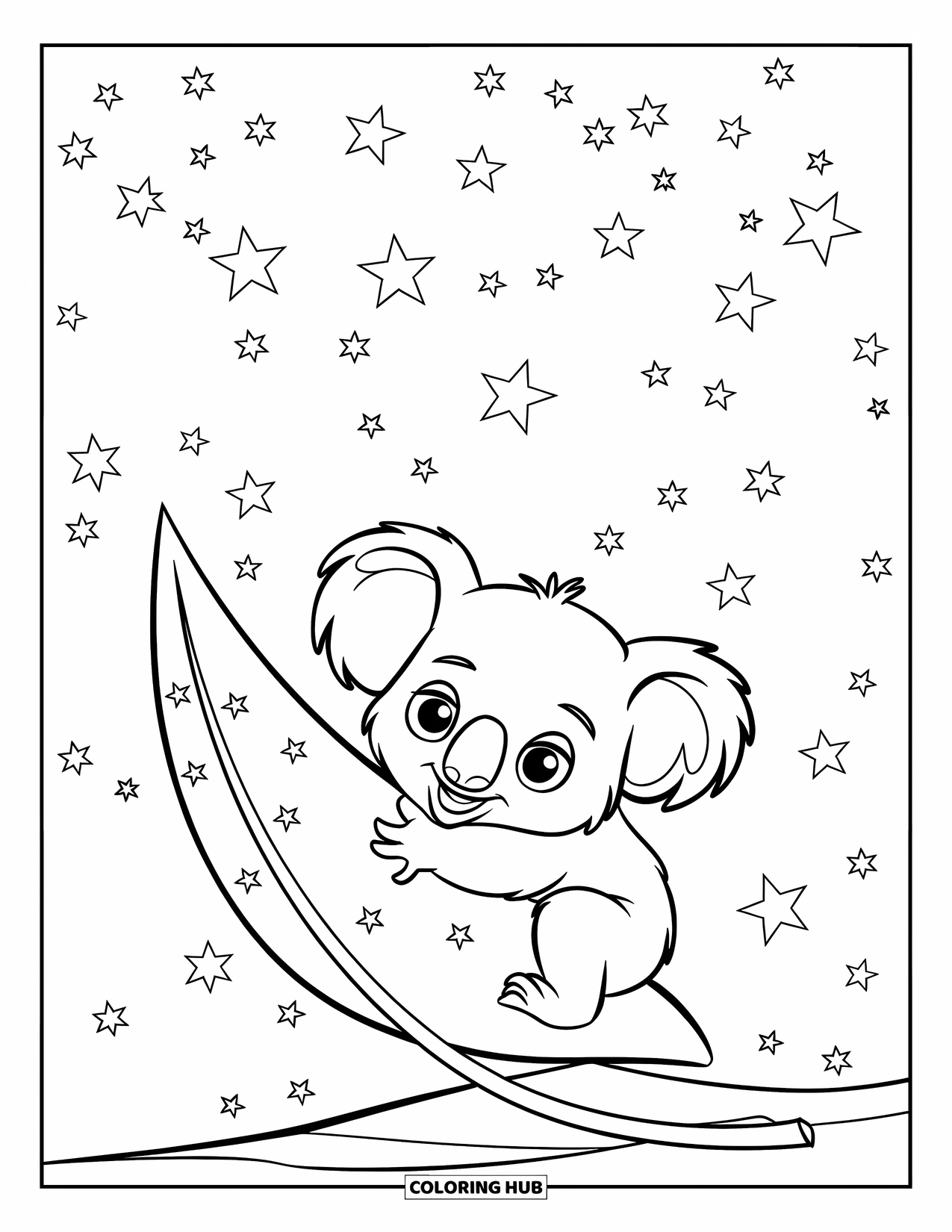 Baby Koala Coloring Page for Kids: A koala cuddles a large leaf with stars in the sky above