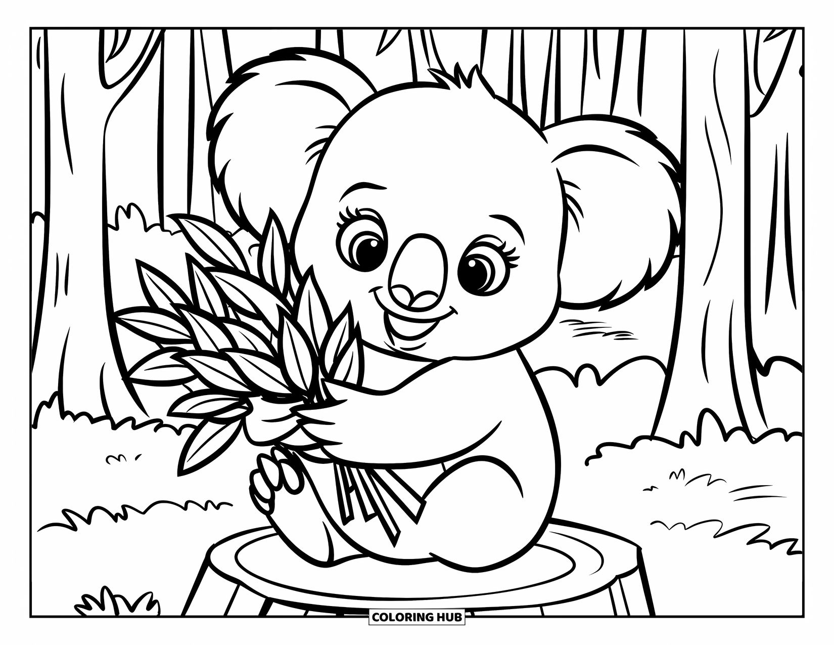 Baby Koala Coloring Page for Kids: A koala hugs eucalyptus leaves while sitting on a tree stump