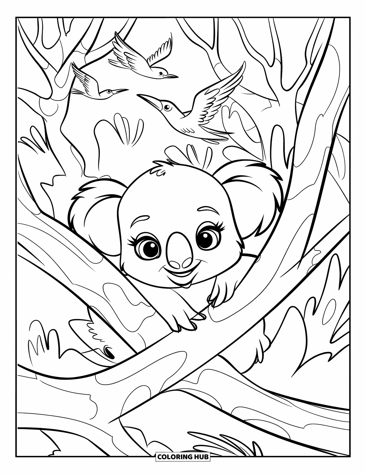 Baby Koala Coloring Page for Kids: A koala nestles in a tree surrounded by birds and leaves