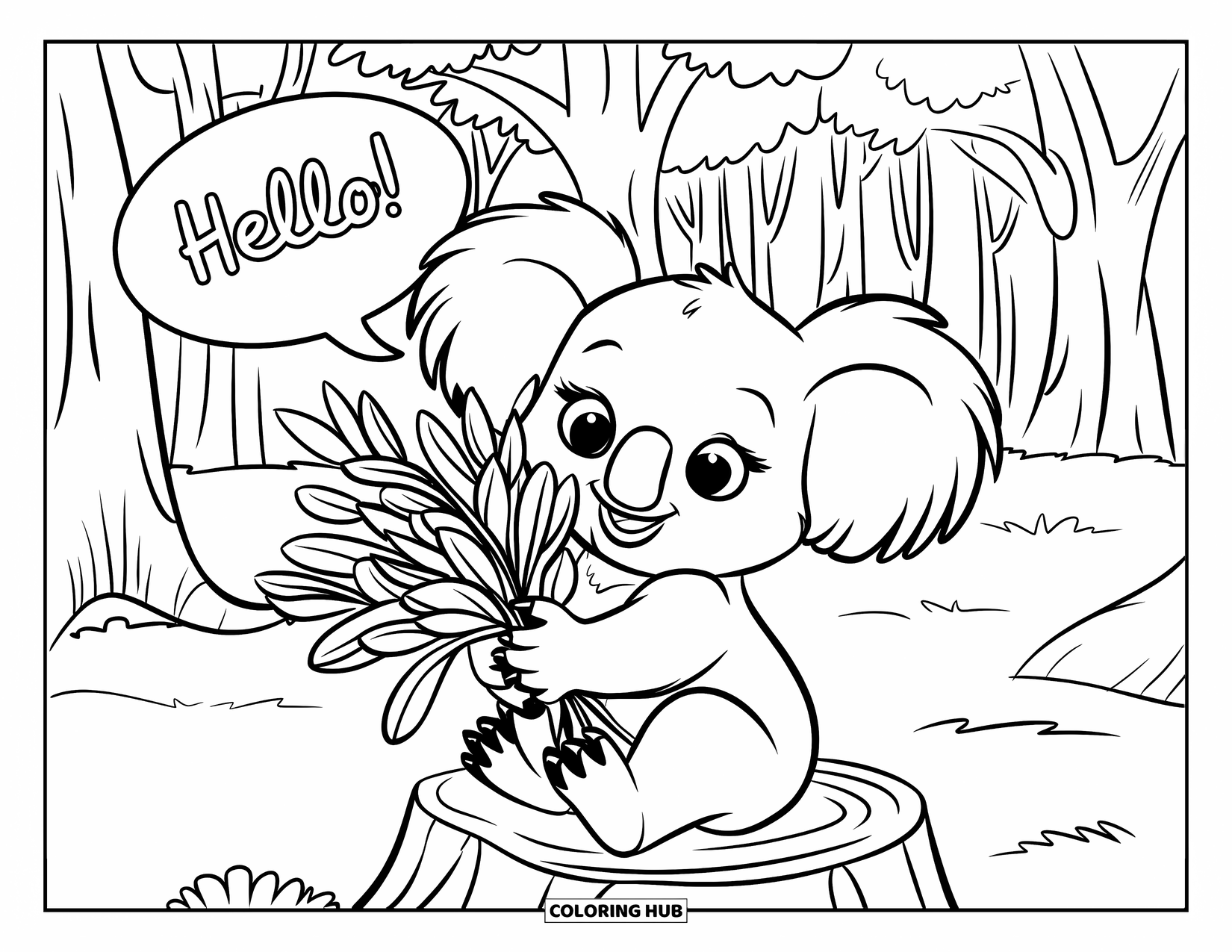 Baby Koala Coloring Page for Kids: A koala on a tree stump says "Hello!" with eucalyptus leaves in paw