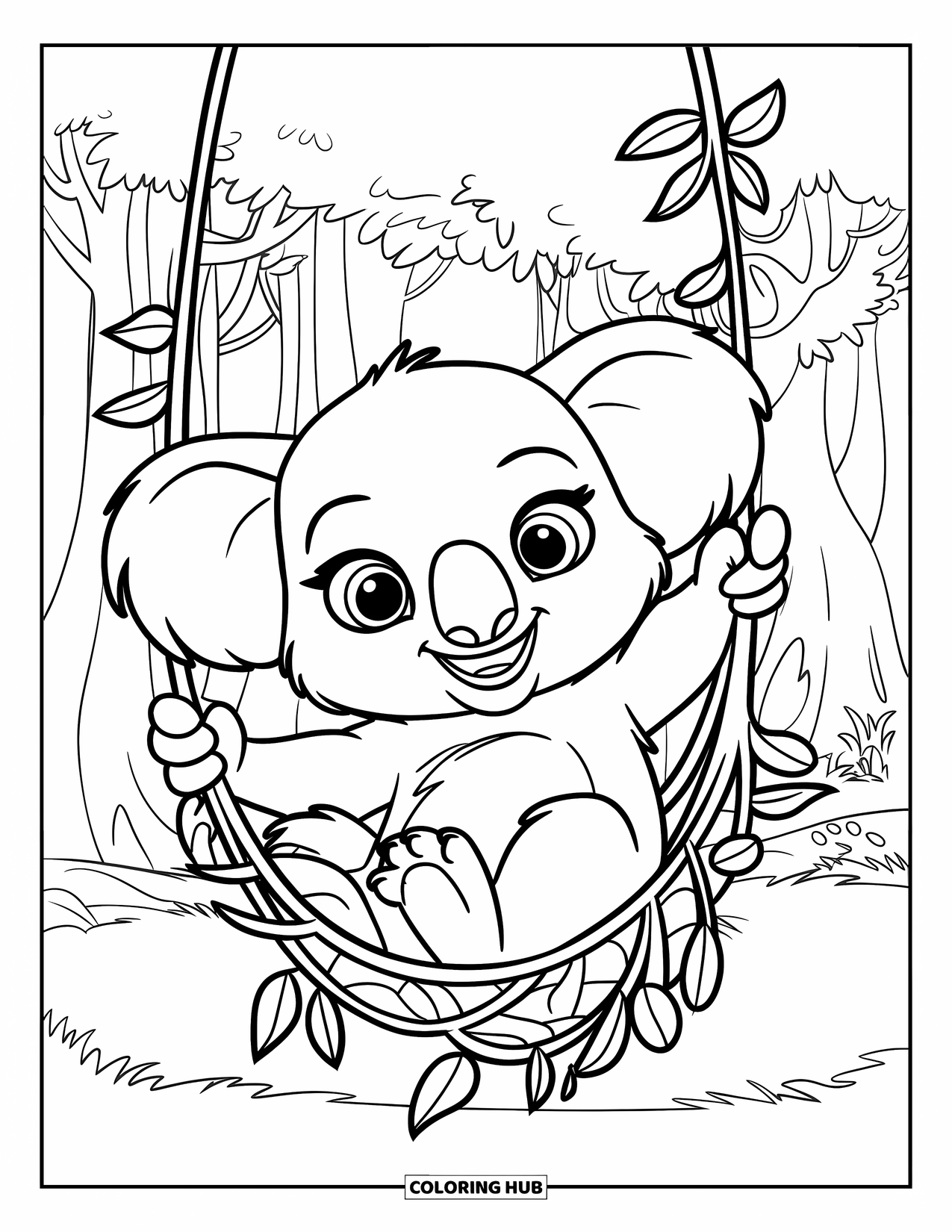 Baby Koala Coloring Page for Kids: A koala rests in a hammock of vines with birds nearby