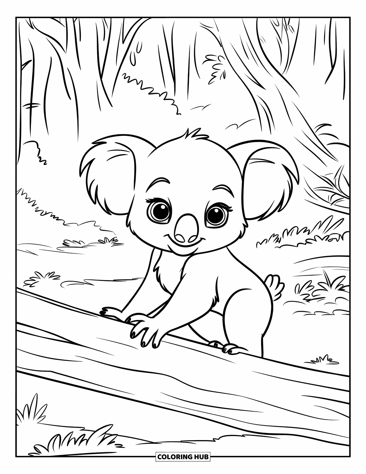 Baby Koala Coloring Page for Kids: A koala walks along a fallen log through dense forest